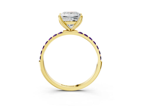 Yellow gold Princess Cut Diamond Solitaire Engagement Ring with Round with Amethyst side stone Pavé Band and Prong Setting_3
