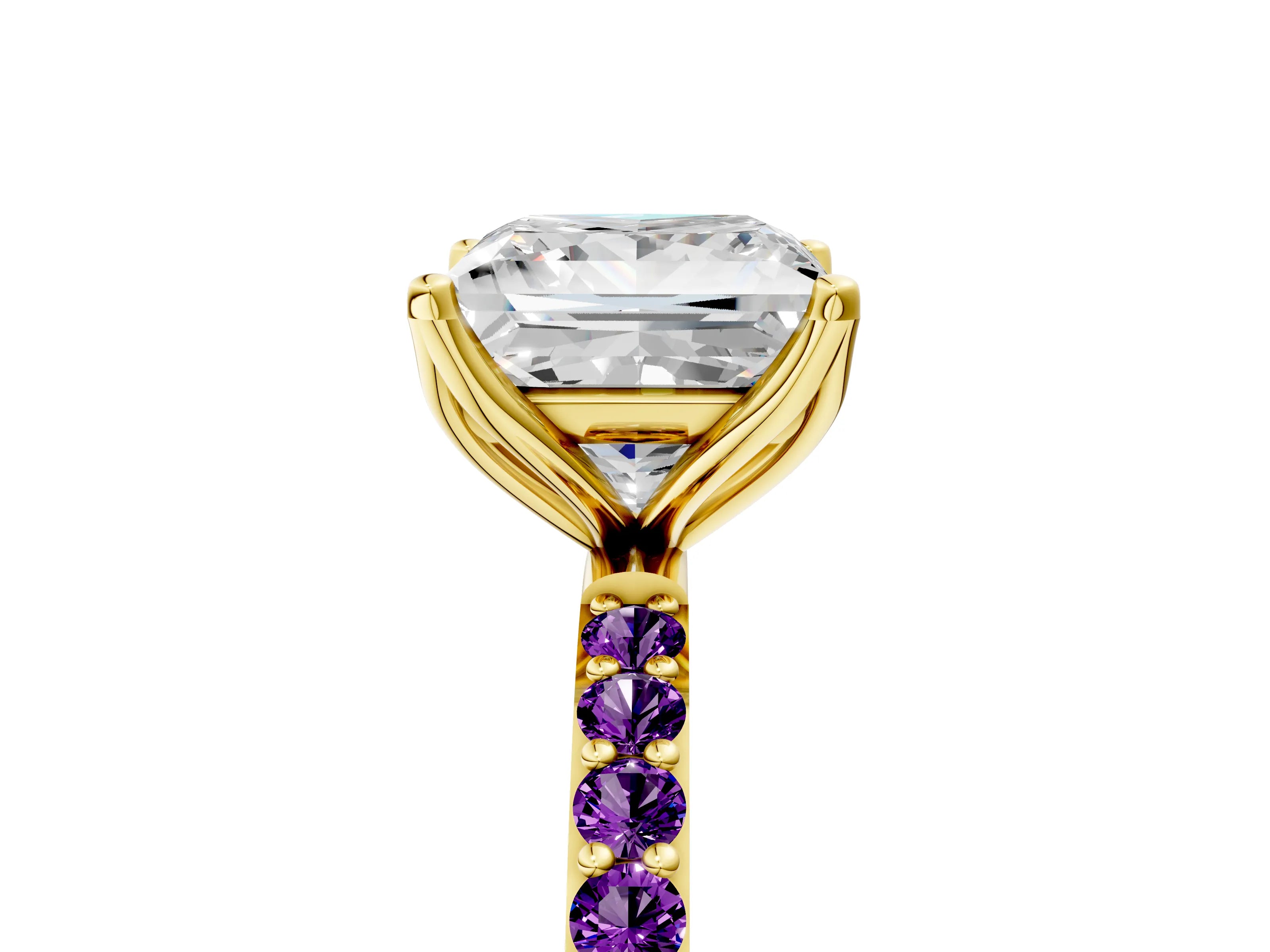 Yellow gold Princess Cut Diamond Solitaire Engagement Ring with Round with Amethyst side stone Pavé Band and Prong Setting_5
