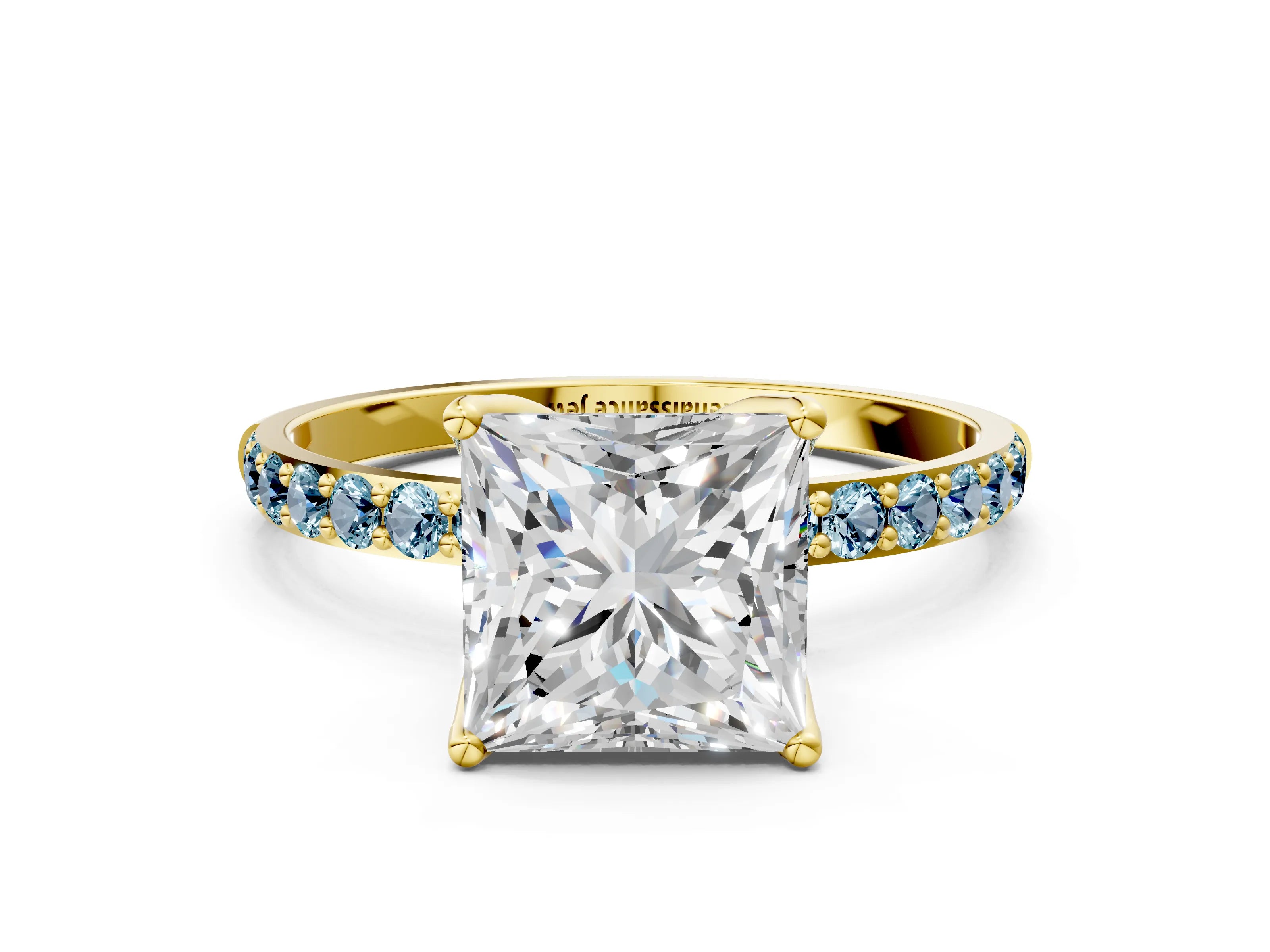 Yellow gold Princess Cut Diamond Solitaire Engagement Ring with Round with Aquamarine side stone Pavé Band and Prong Setting