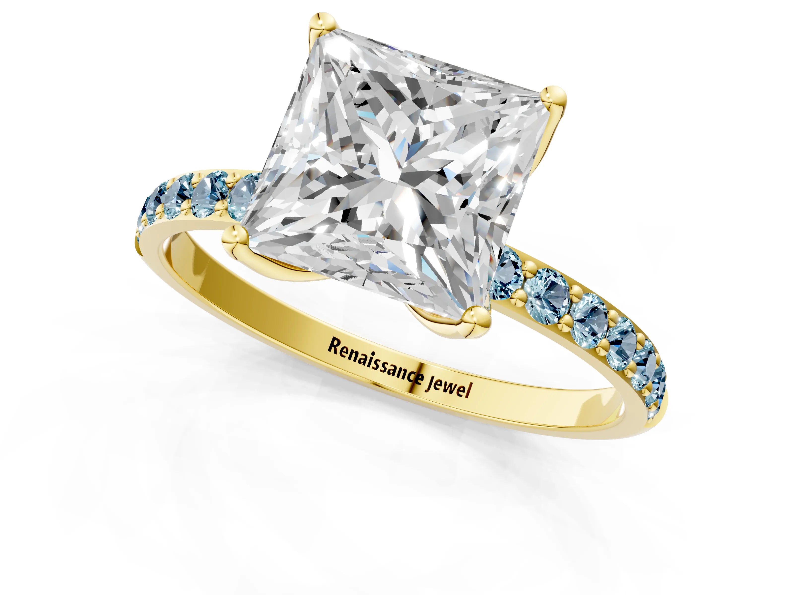 Yellow gold Princess Cut Diamond Solitaire Engagement Ring with Round with Aquamarine side stone Pavé Band and Prong Setting_1