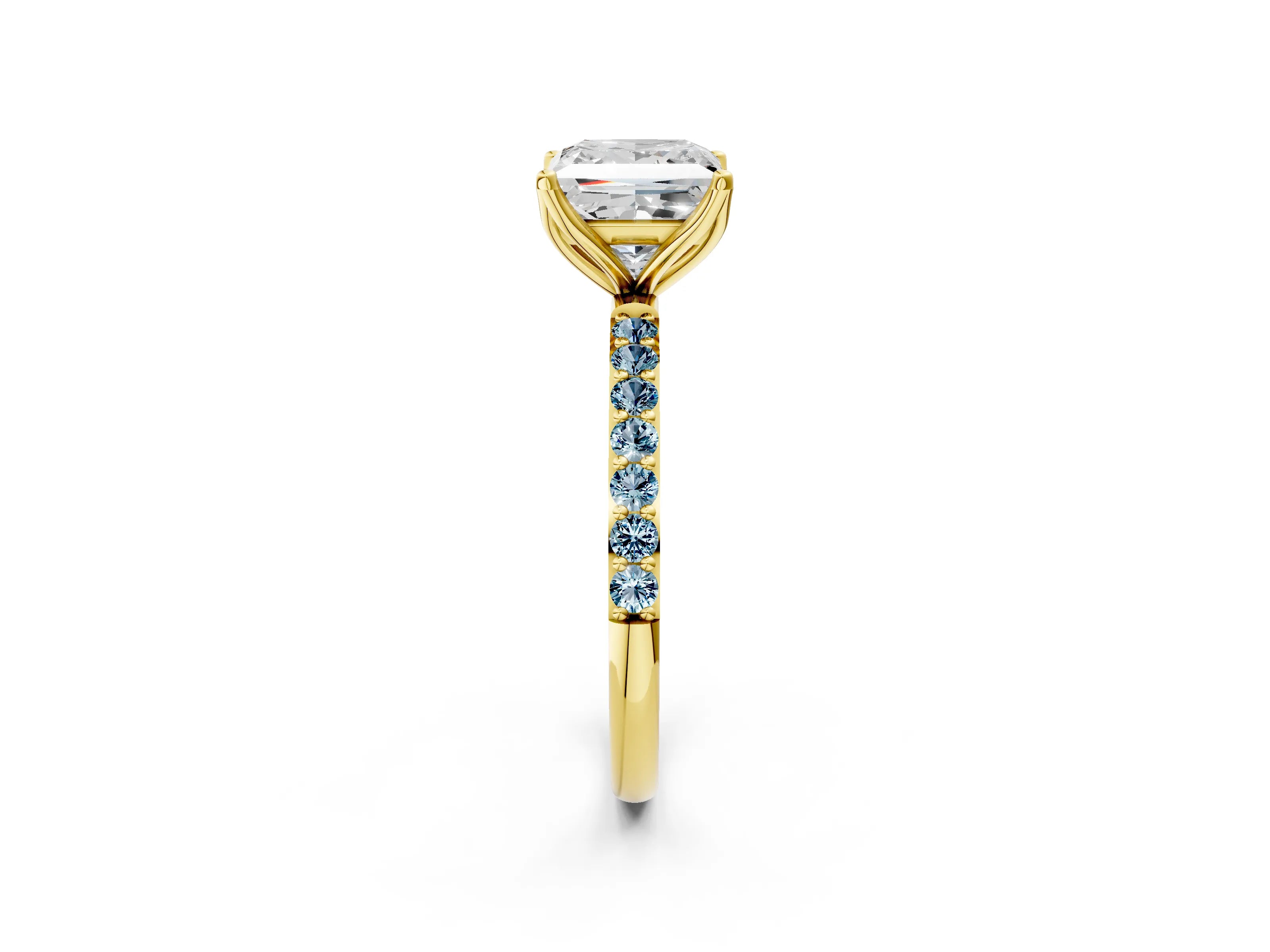 Yellow gold Princess Cut Diamond Solitaire Engagement Ring with Round with Aquamarine side stone Pavé Band and Prong Setting_2