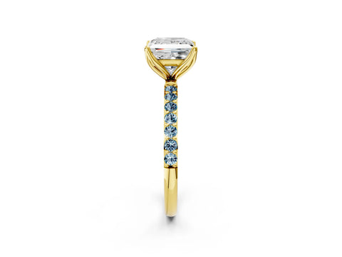 Yellow gold Princess Cut Diamond Solitaire Engagement Ring with Round with Aquamarine side stone Pavé Band and Prong Setting_2