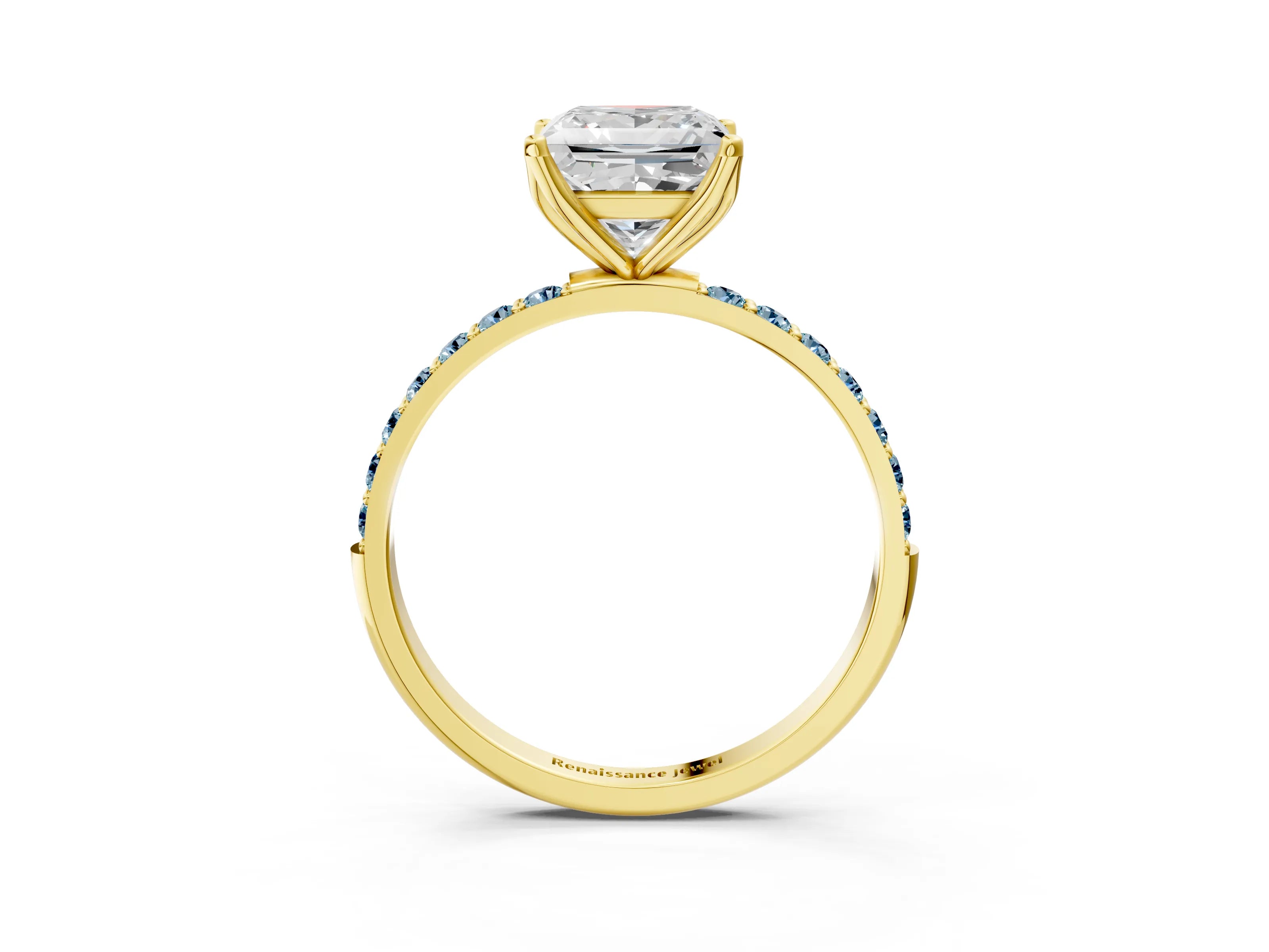Yellow gold Princess Cut Diamond Solitaire Engagement Ring with Round with Aquamarine side stone Pavé Band and Prong Setting_3