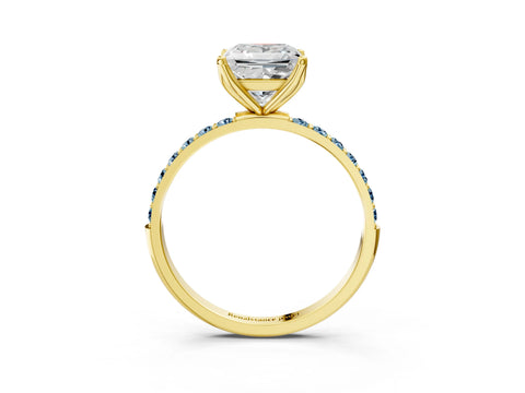 Yellow gold Princess Cut Diamond Solitaire Engagement Ring with Round with Aquamarine side stone Pavé Band and Prong Setting_3