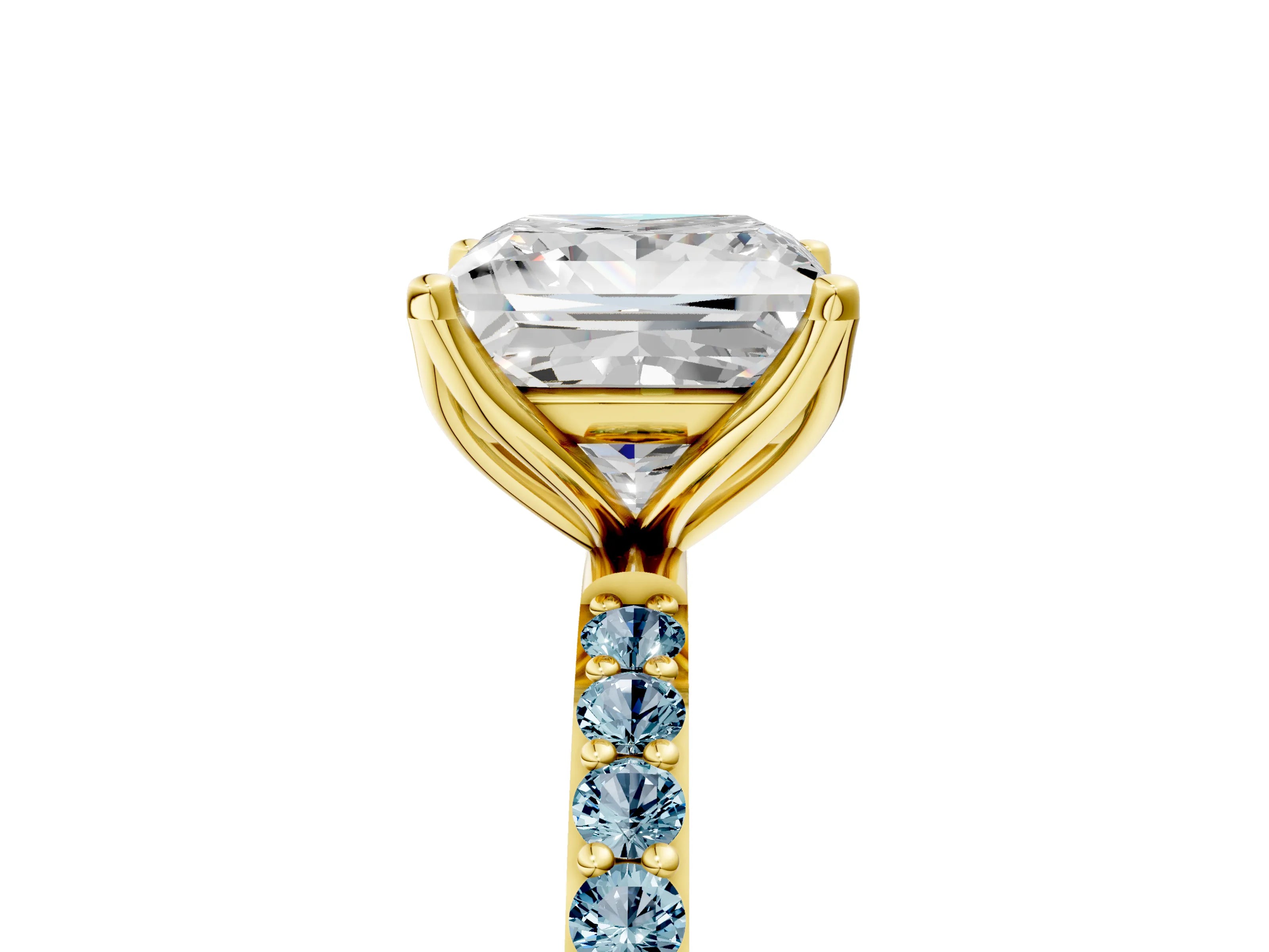 Yellow gold Princess Cut Diamond Solitaire Engagement Ring with Round with Aquamarine side stone Pavé Band and Prong Setting_5