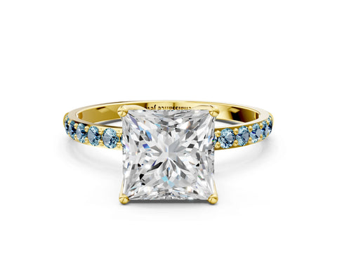 Yellow gold Princess Cut Diamond Solitaire Engagement Ring with Round with Aquamarine side stone Pavé Band and Prong Setting