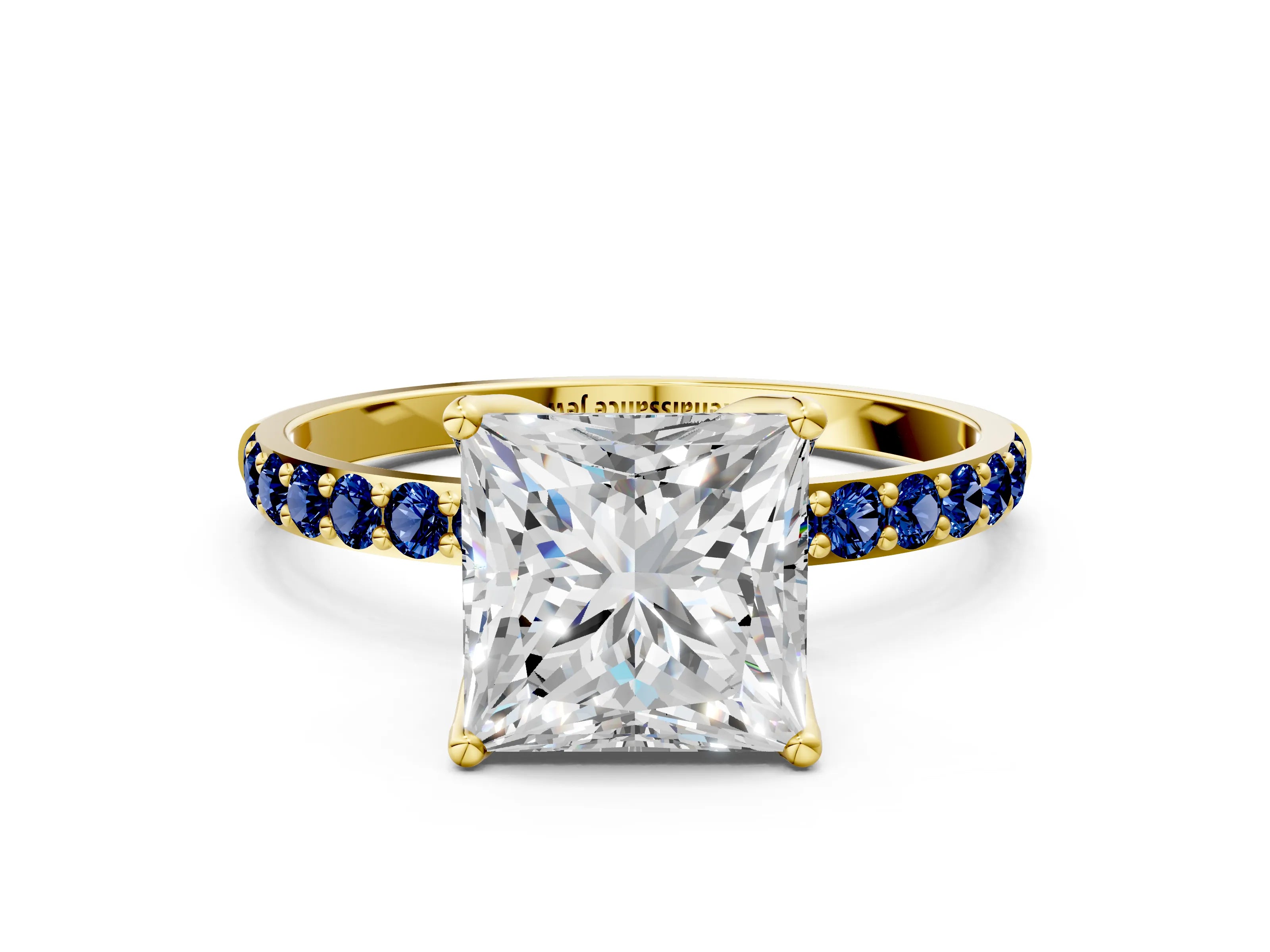 Yellow gold Princess Cut Diamond Solitaire Engagement Ring with Round with Blue Sapphire side stone Pavé Band and Prong Setting