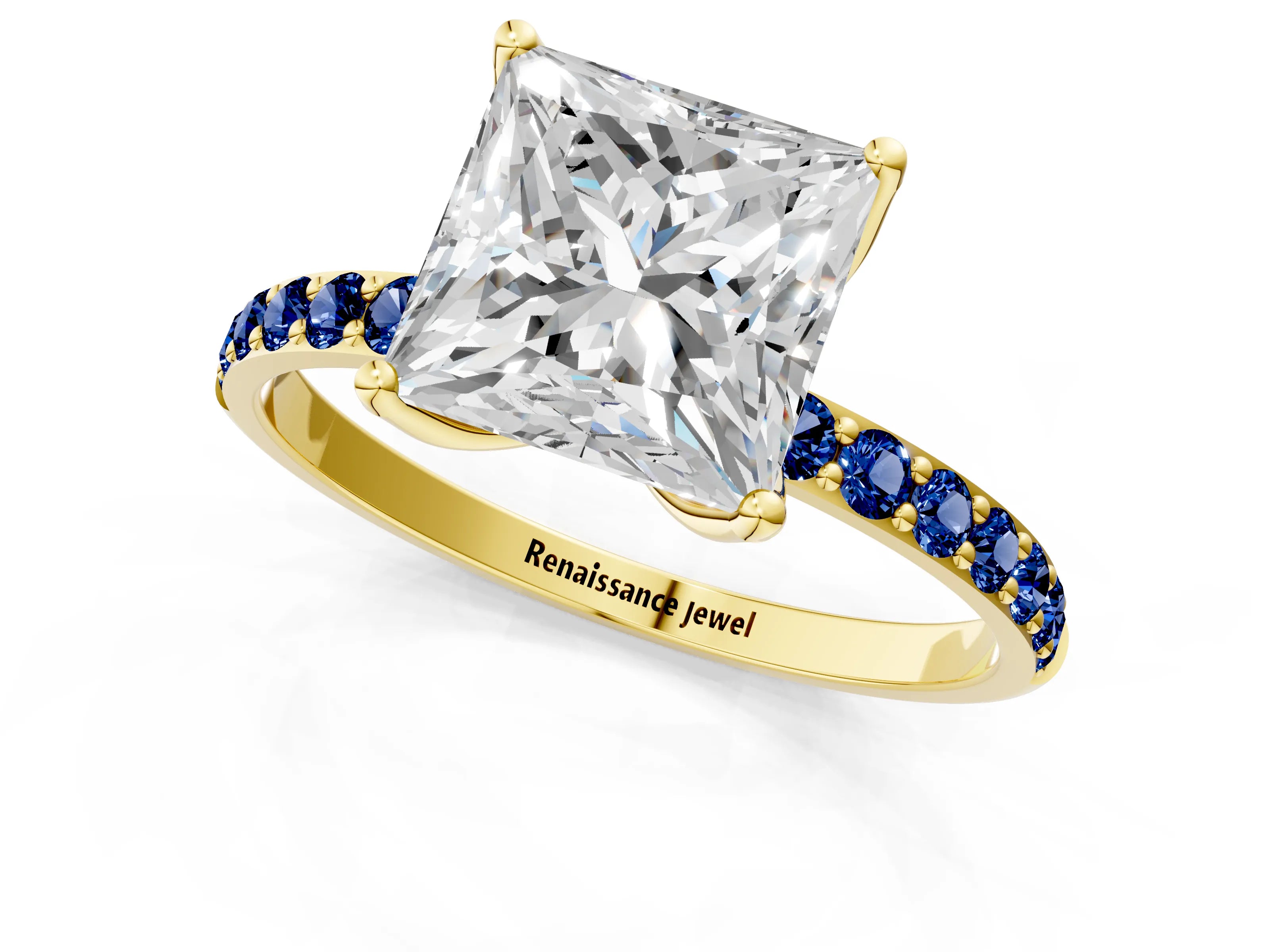 Yellow gold Princess Cut Diamond Solitaire Engagement Ring with Round with Blue Sapphire side stone Pavé Band and Prong Setting_1