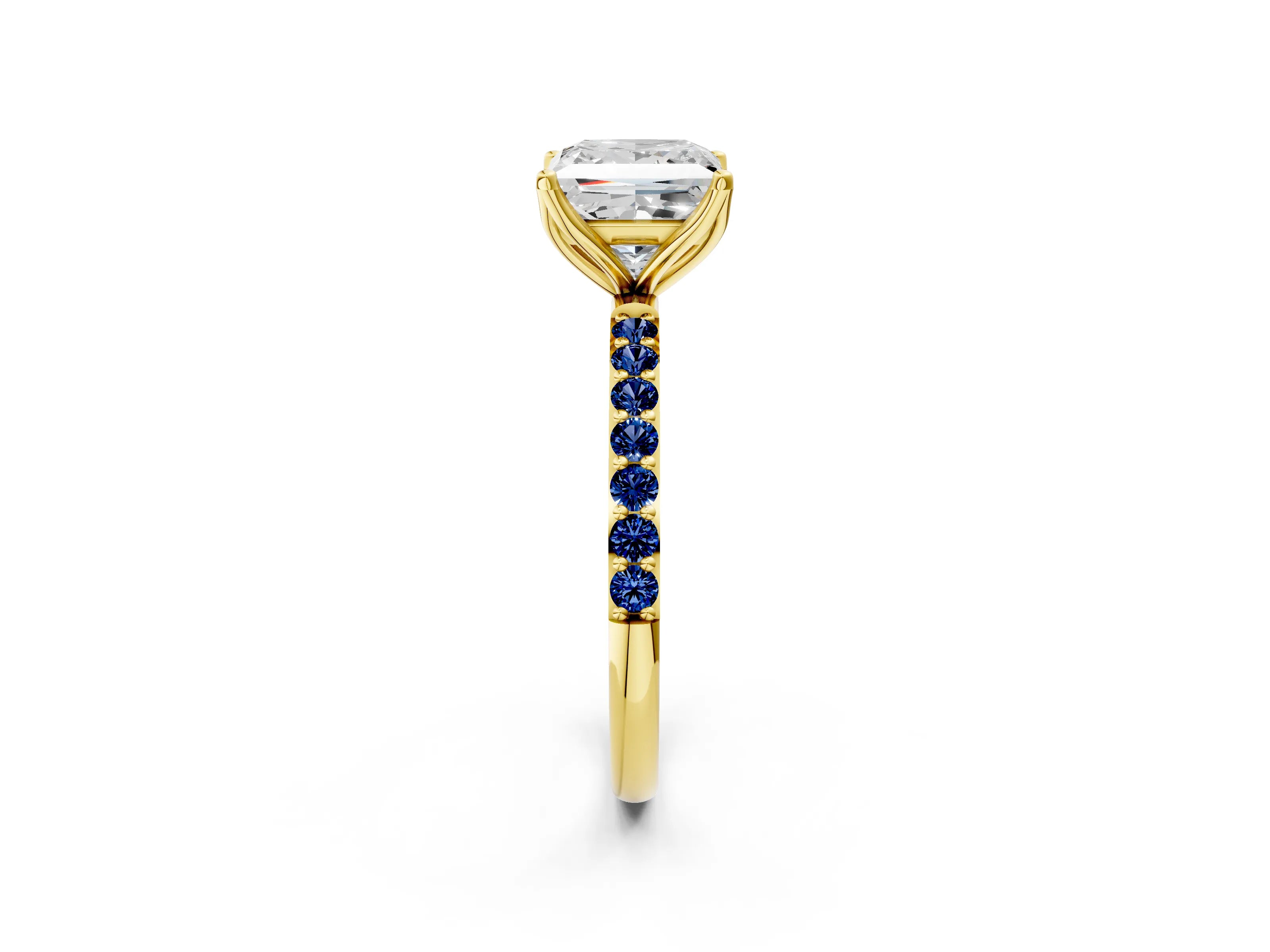 Yellow gold Princess Cut Diamond Solitaire Engagement Ring with Round with Blue Sapphire side stone Pavé Band and Prong Setting_2