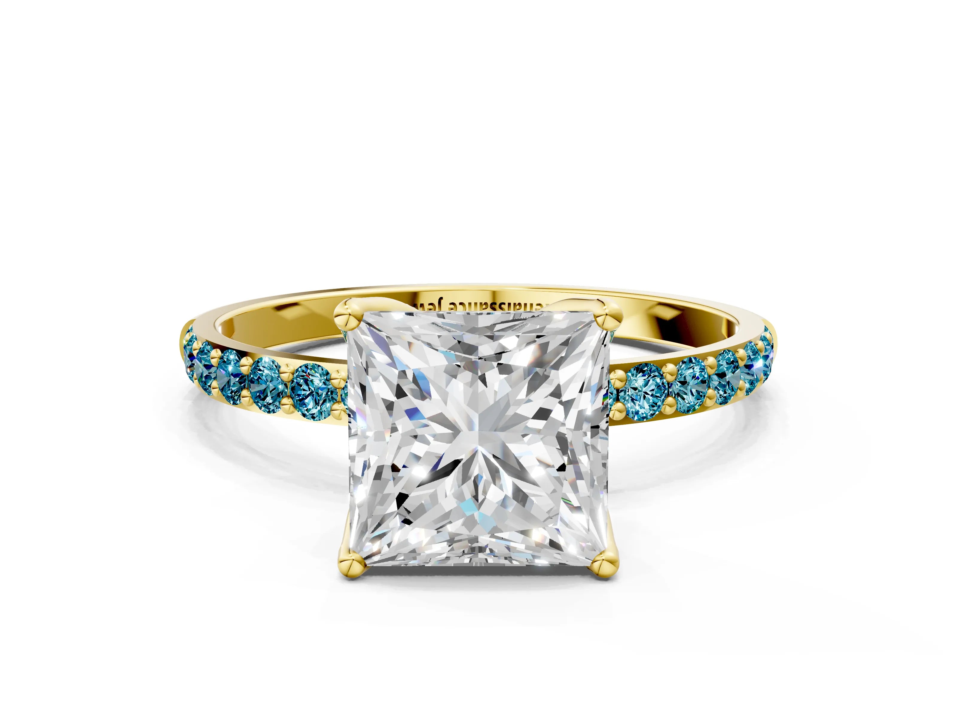 Yellow gold Princess Cut Diamond Solitaire Engagement Ring with Round with Blue Topaz side stone Pavé Band and Prong Setting