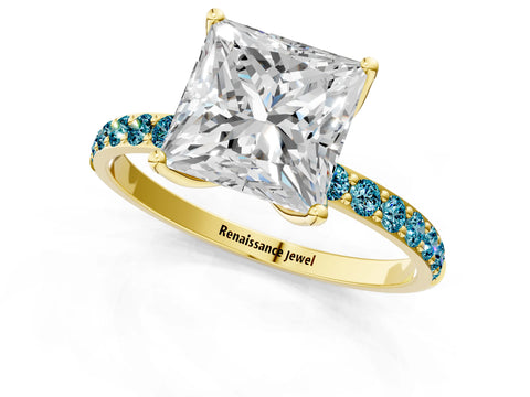 Yellow gold Princess Cut Diamond Solitaire Engagement Ring with Round with Blue Topaz side stone Pavé Band and Prong Setting_1