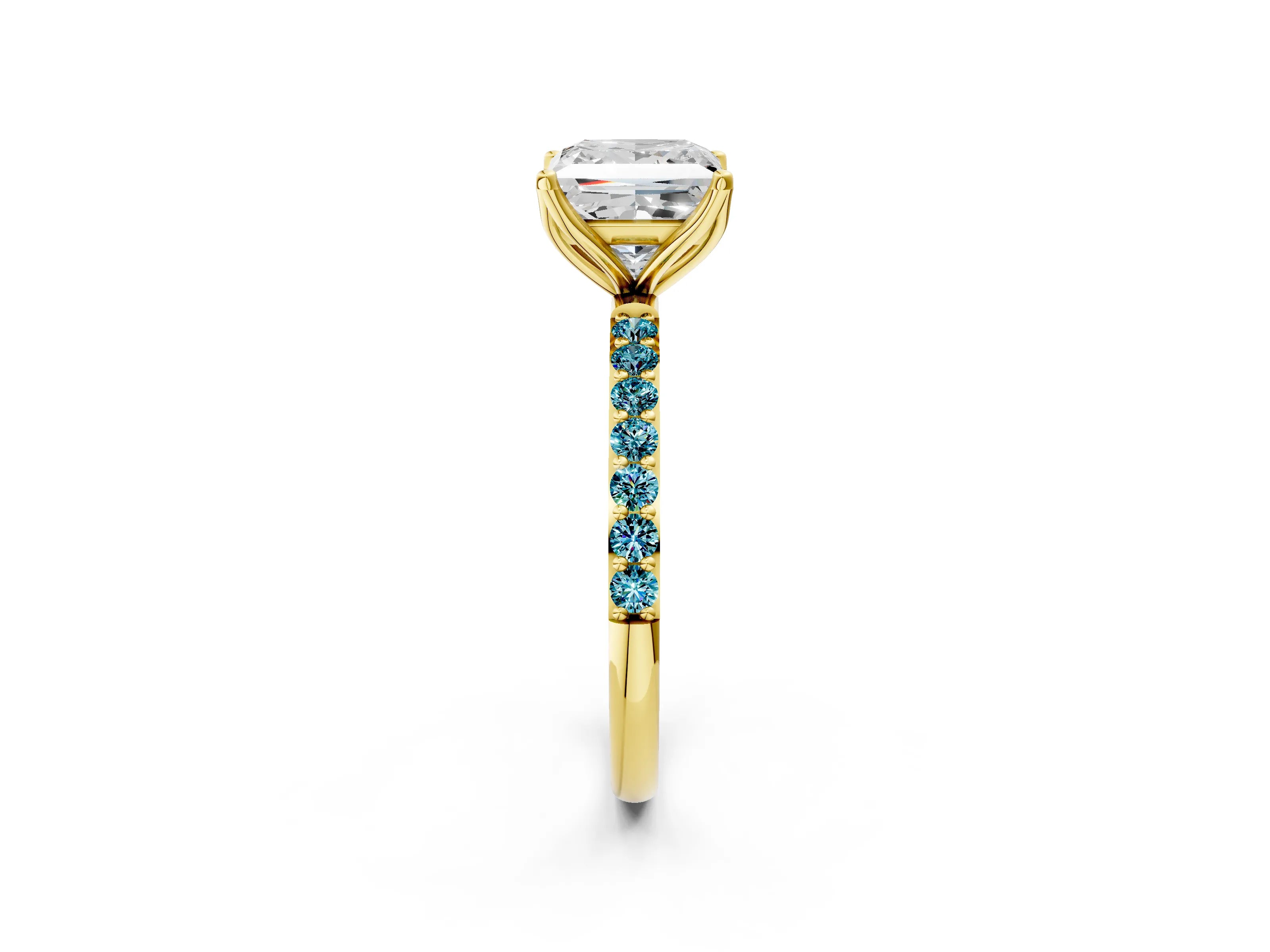 Yellow gold Princess Cut Diamond Solitaire Engagement Ring with Round with Blue Topaz side stone Pavé Band and Prong Setting_2