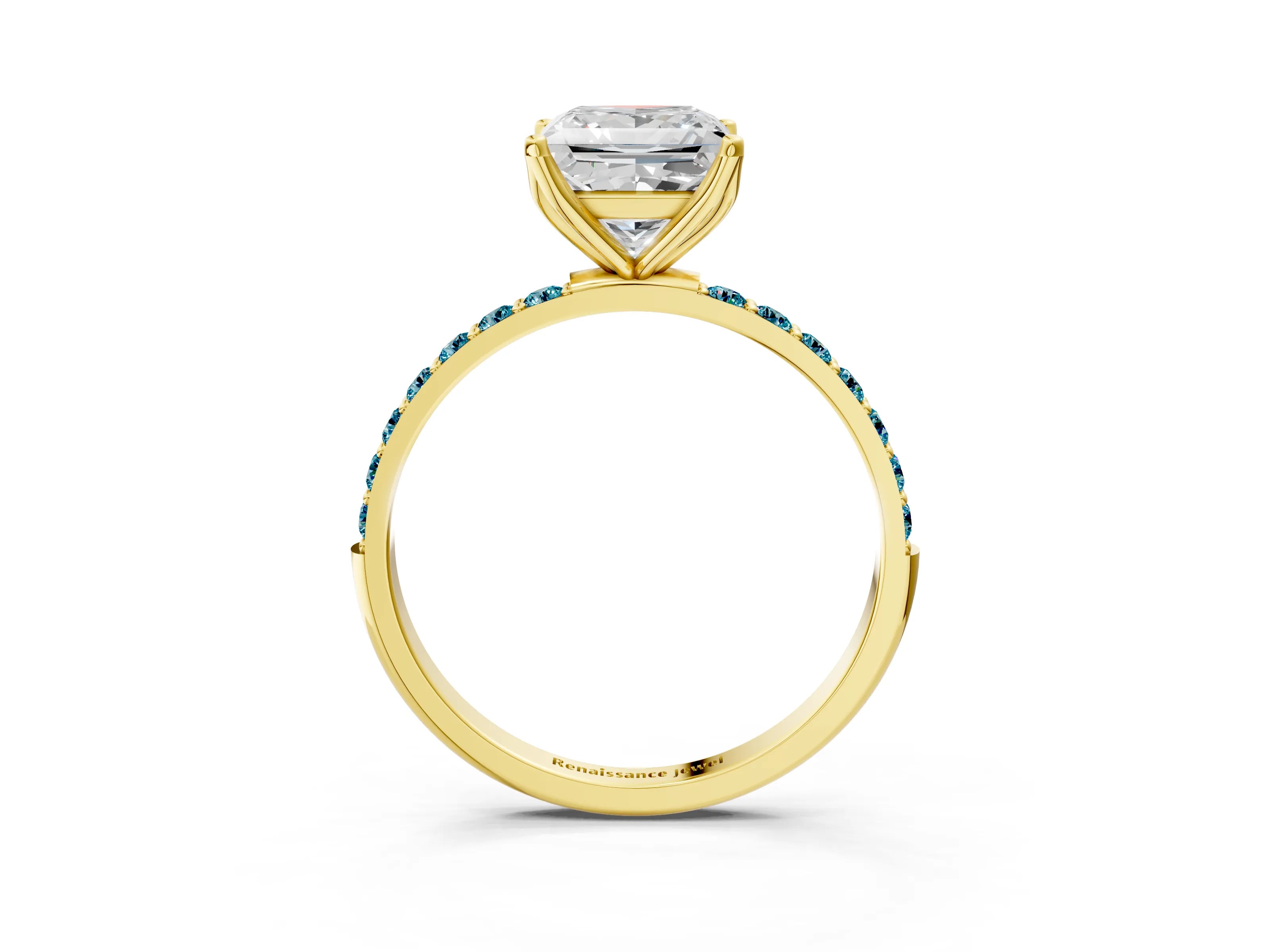 Yellow gold Princess Cut Diamond Solitaire Engagement Ring with Round with Blue Topaz side stone Pavé Band and Prong Setting_3