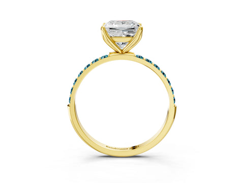 Yellow gold Princess Cut Diamond Solitaire Engagement Ring with Round with Blue Topaz side stone Pavé Band and Prong Setting_3