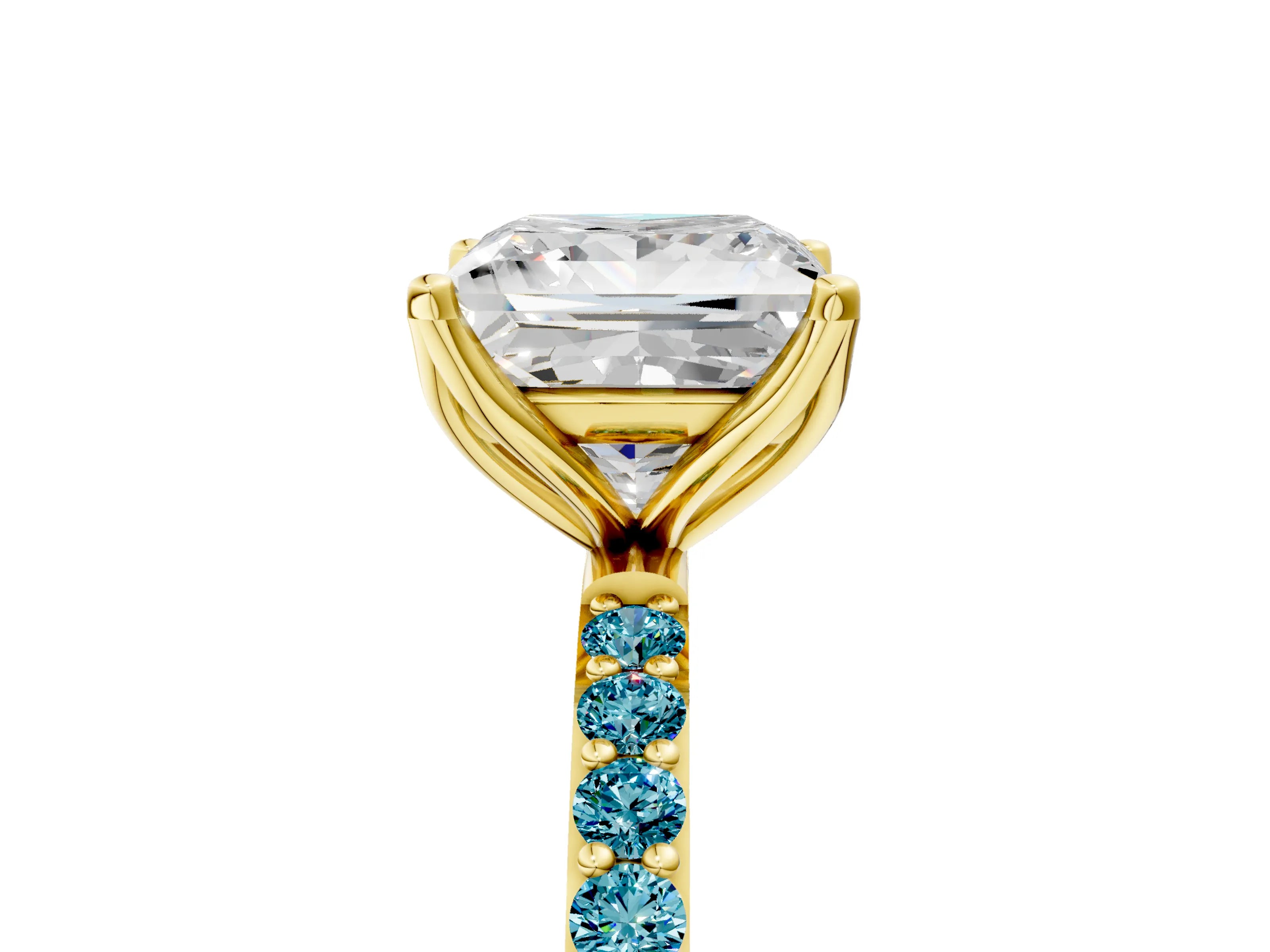 Yellow gold Princess Cut Diamond Solitaire Engagement Ring with Round with Blue Topaz side stone Pavé Band and Prong Setting_5