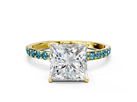 Yellow gold Princess Cut Diamond Solitaire Engagement Ring with Round with Blue Topaz side stone Pavé Band and Prong Setting