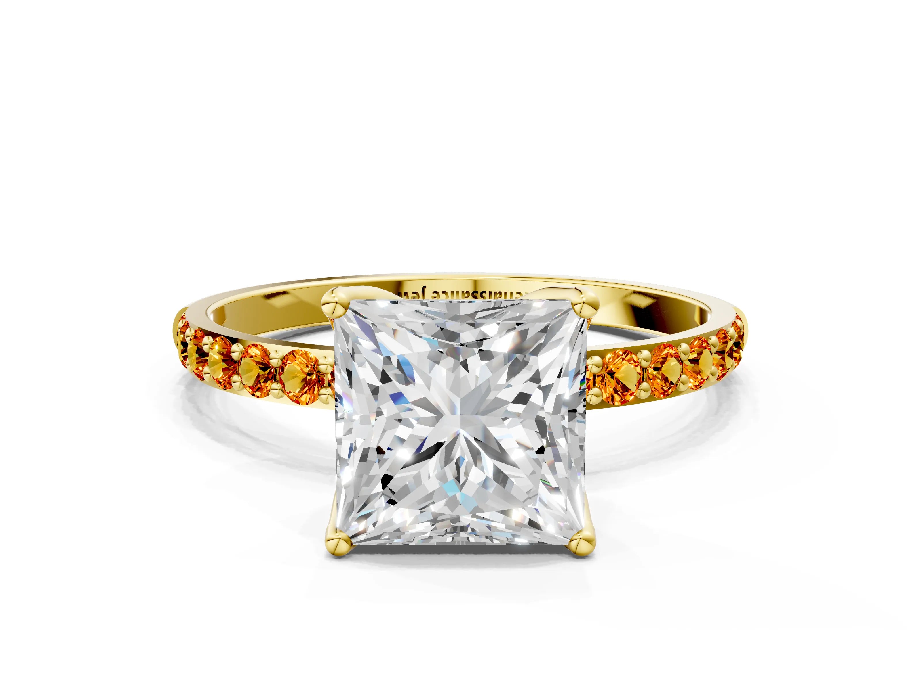 Yellow gold Princess Cut Diamond Solitaire Engagement Ring with Round with Citrine side stone Pavé Band and Prong Setting