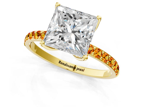 Yellow gold Princess Cut Diamond Solitaire Engagement Ring with Round with Citrine side stone Pavé Band and Prong Setting_1