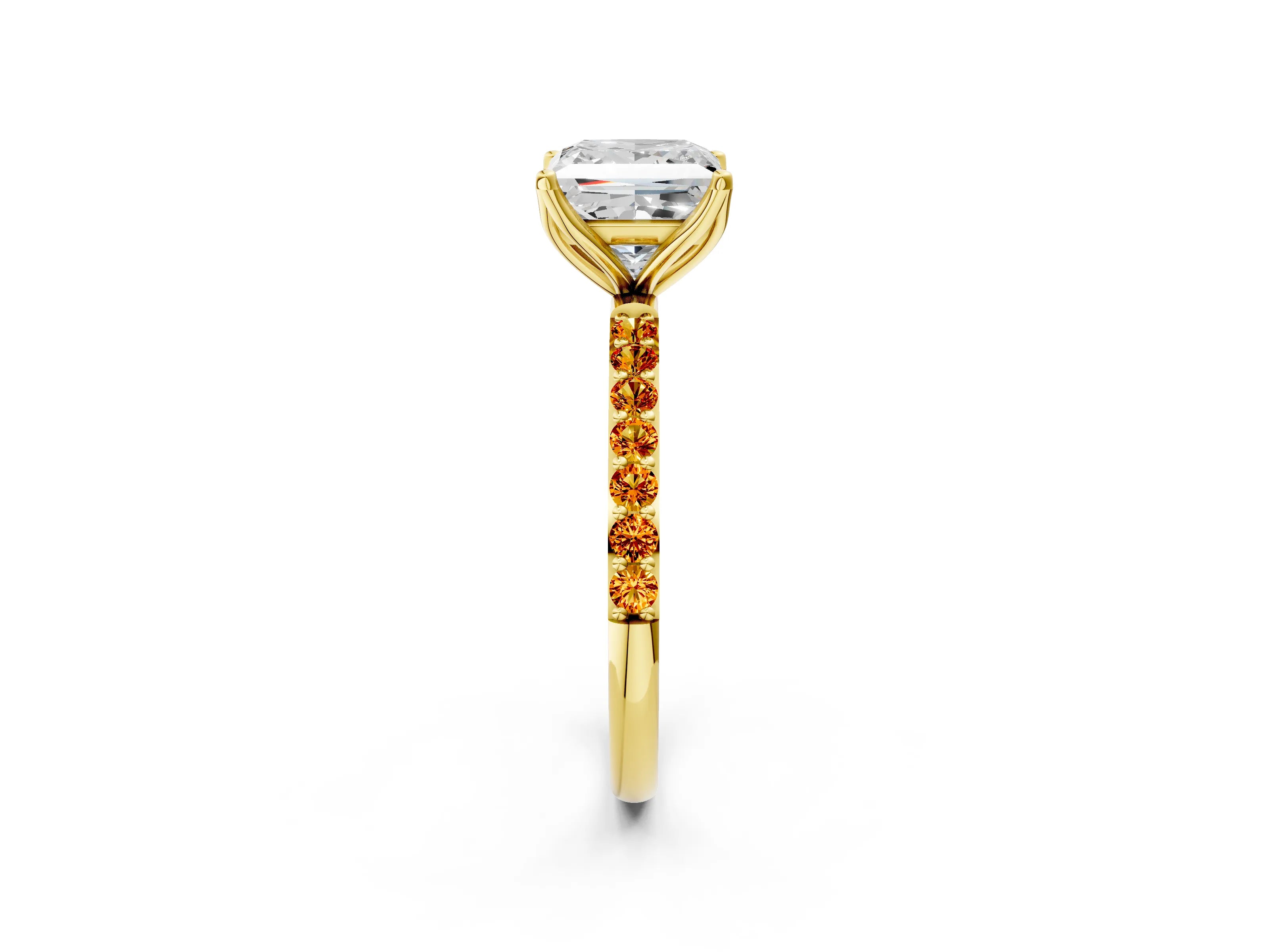Yellow gold Princess Cut Diamond Solitaire Engagement Ring with Round with Citrine side stone Pavé Band and Prong Setting_2