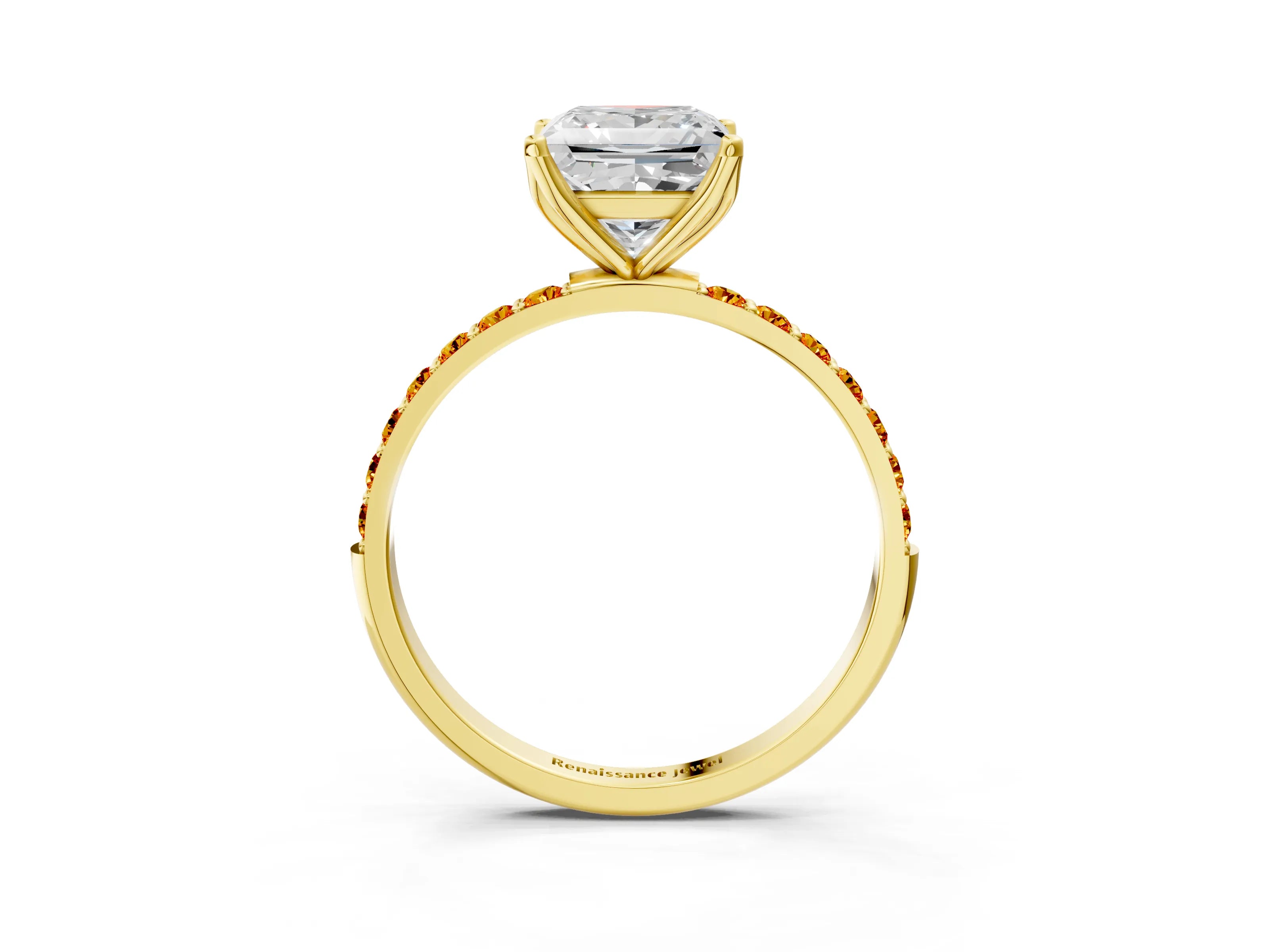 Yellow gold Princess Cut Diamond Solitaire Engagement Ring with Round with Citrine side stone Pavé Band and Prong Setting_3