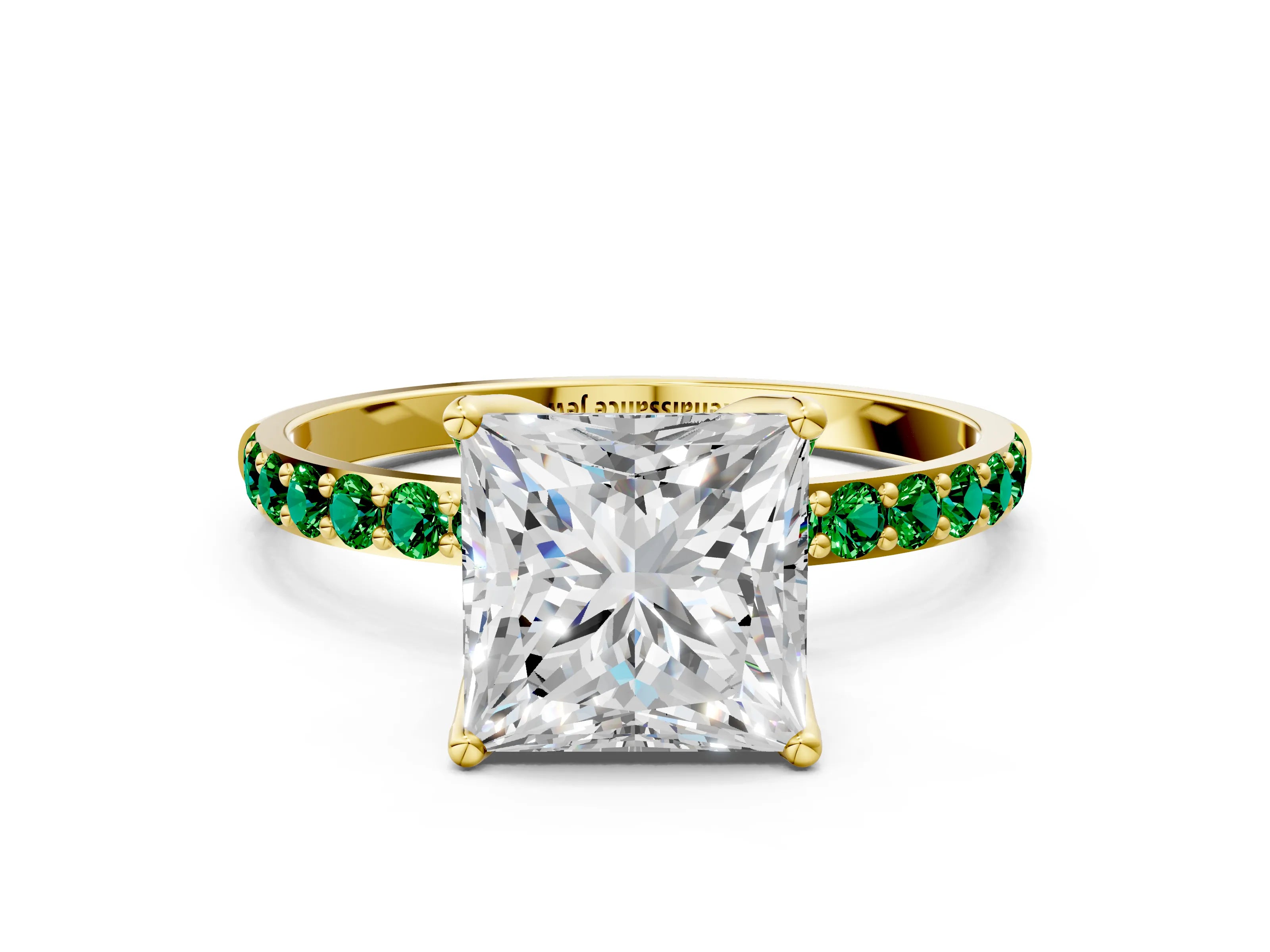 Yellow gold Princess Cut Diamond Solitaire Engagement Ring with Round with Emerald side stone Pavé Band and Prong Setting