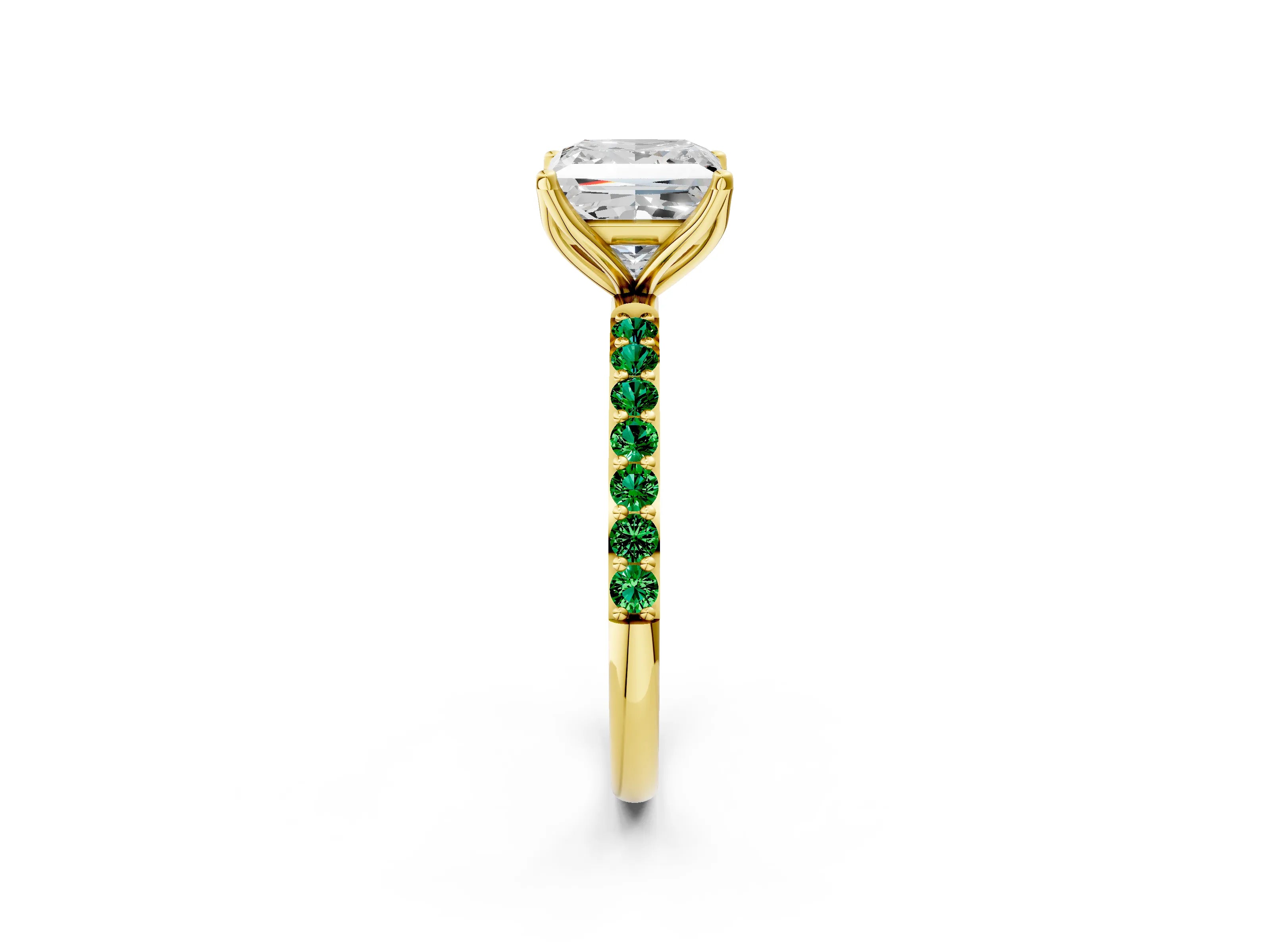 Yellow gold Princess Cut Diamond Solitaire Engagement Ring with Round with Emerald side stone Pavé Band and Prong Setting_2