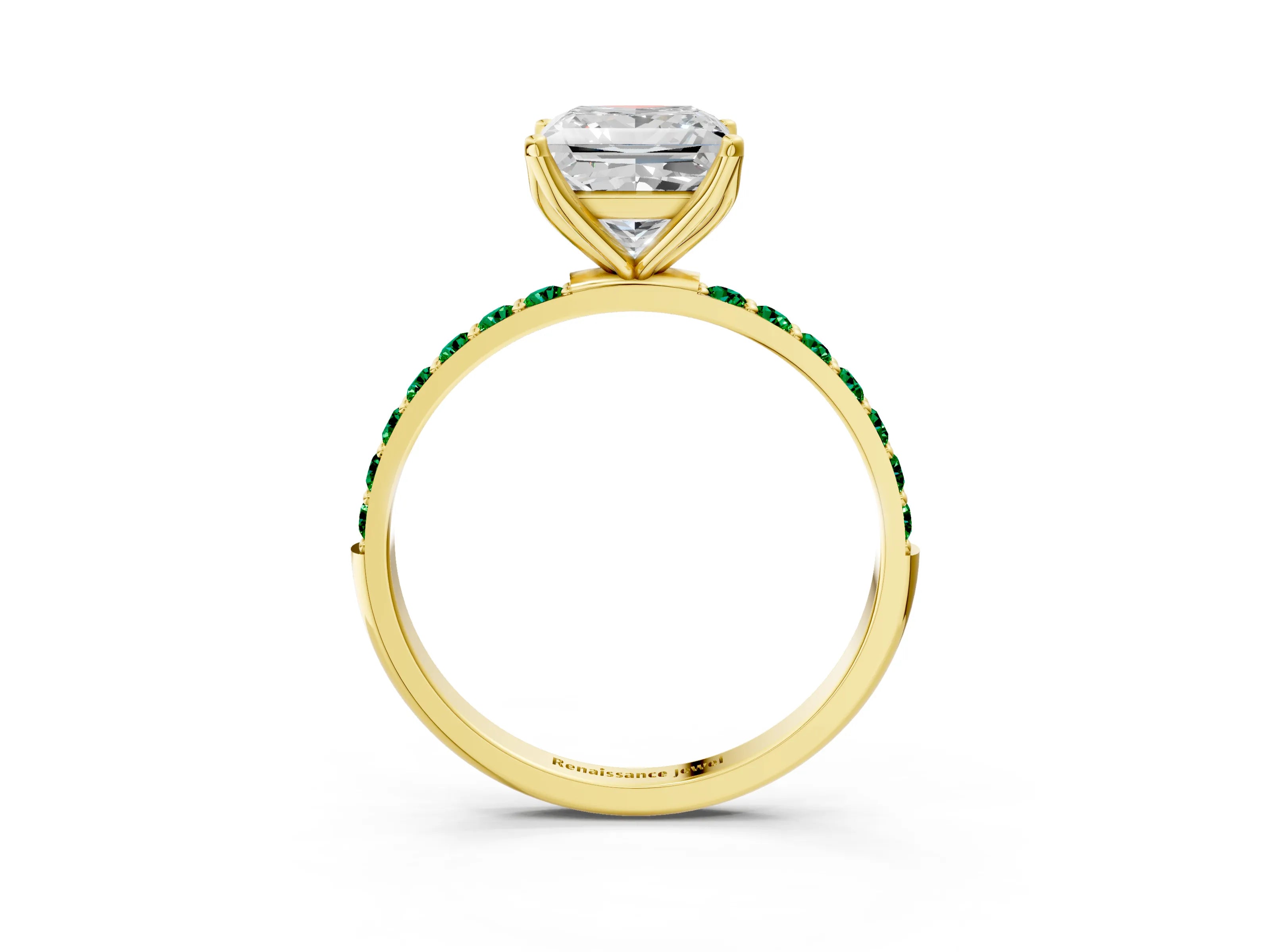 Yellow gold Princess Cut Diamond Solitaire Engagement Ring with Round with Emerald side stone Pavé Band and Prong Setting_3