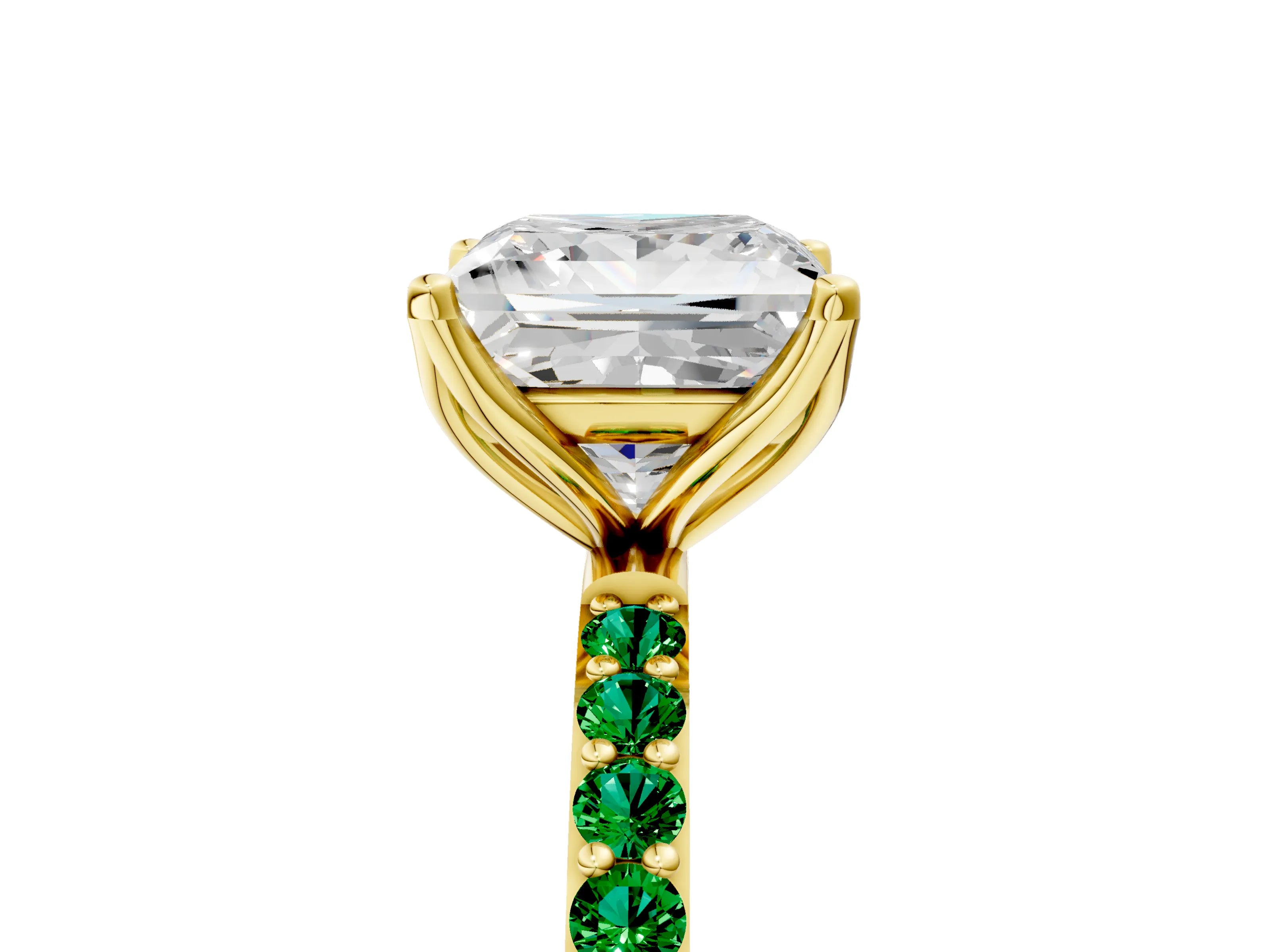 Yellow gold Princess Cut Diamond Solitaire Engagement Ring with Round with Emerald side stone Pavé Band and Prong Setting_5