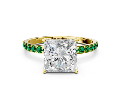 Yellow gold Princess Cut Diamond Solitaire Engagement Ring with Round with Emerald side stone Pavé Band and Prong Setting