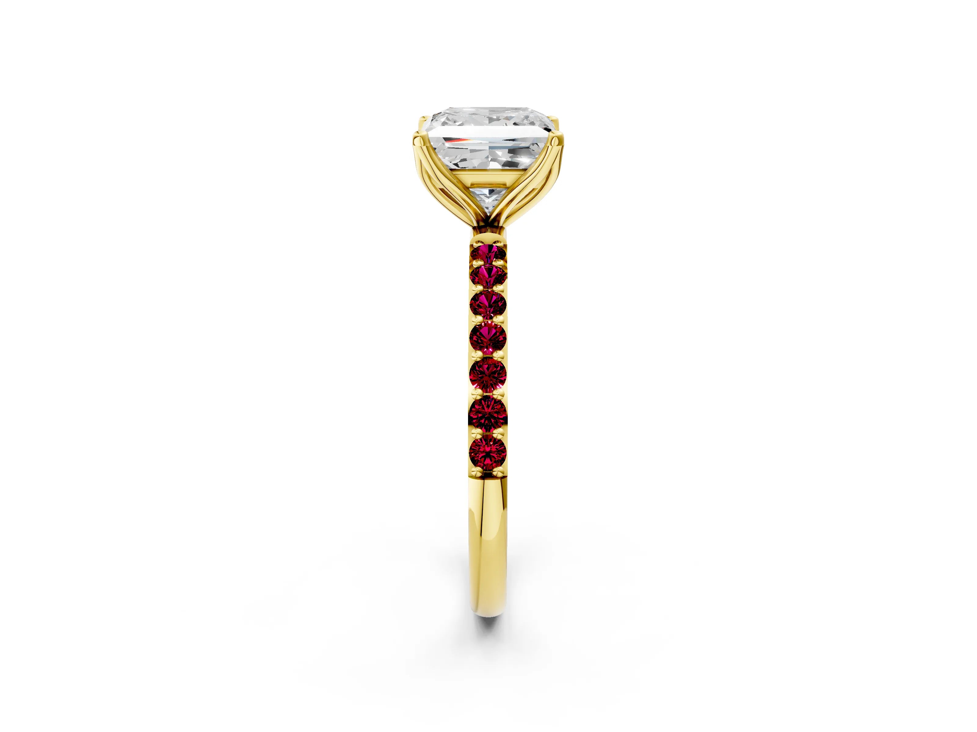 Yellow gold Princess Cut Diamond Solitaire Engagement Ring with Round with Garnet side stone Pavé Band and Prong Setting_2