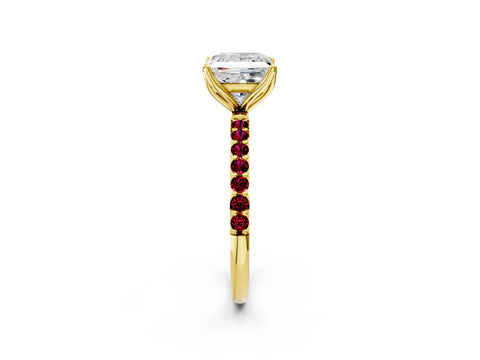 Yellow gold Princess Cut Diamond Solitaire Engagement Ring with Round with Garnet side stone Pavé Band and Prong Setting_2