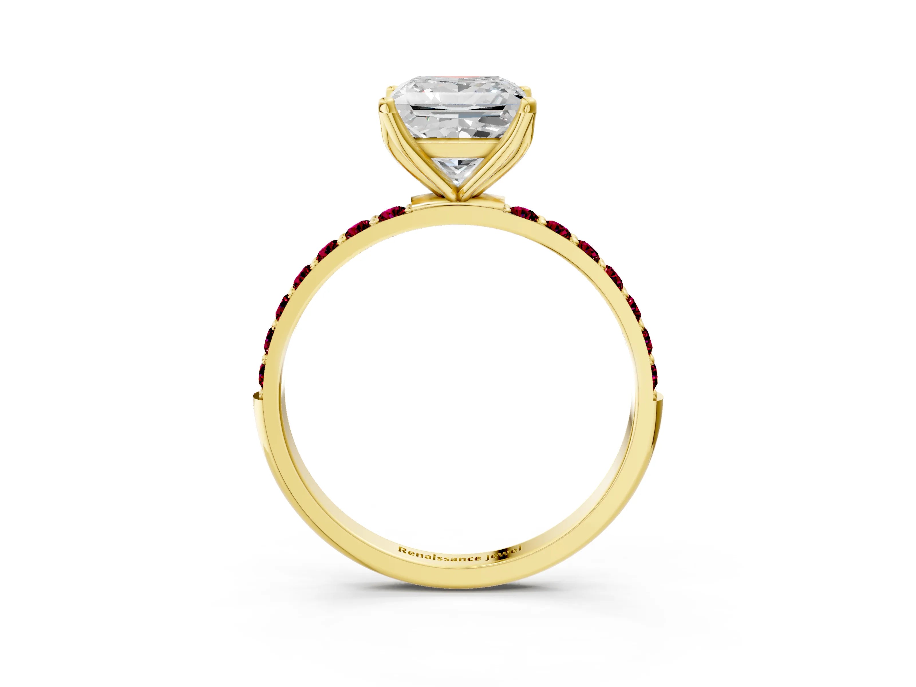 Yellow gold Princess Cut Diamond Solitaire Engagement Ring with Round with Garnet side stone Pavé Band and Prong Setting_3