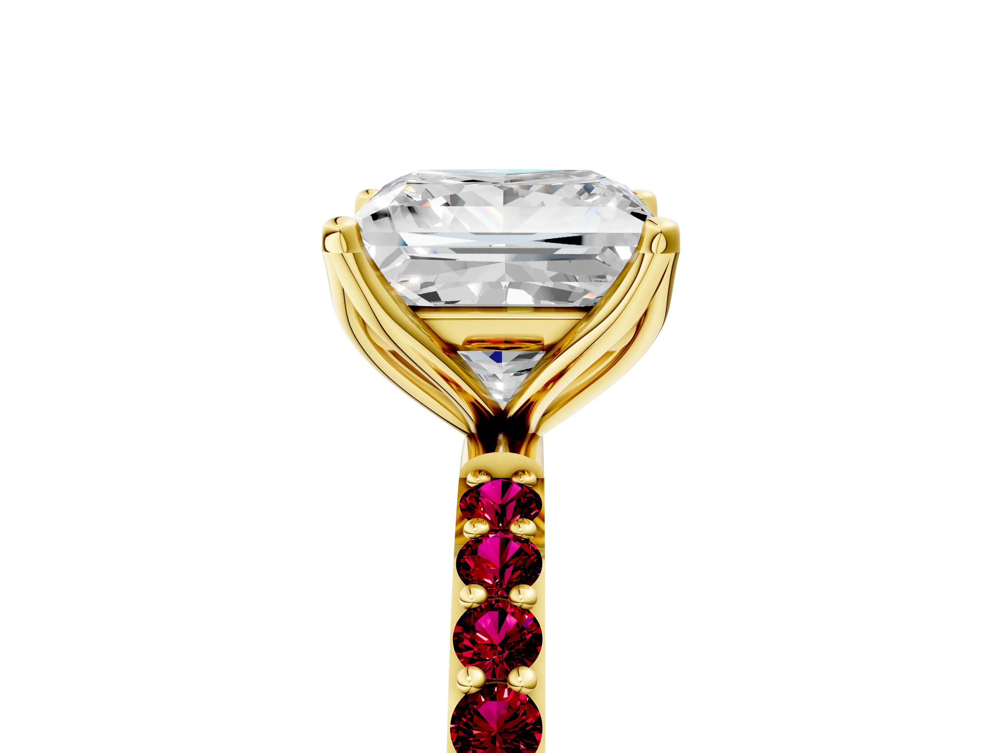 Yellow gold Princess Cut Diamond Solitaire Engagement Ring with Round with Garnet side stone Pavé Band and Prong Setting_5