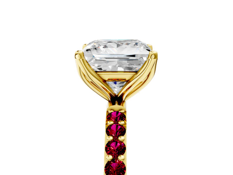 Yellow gold Princess Cut Diamond Solitaire Engagement Ring with Round with Garnet side stone Pavé Band and Prong Setting_5