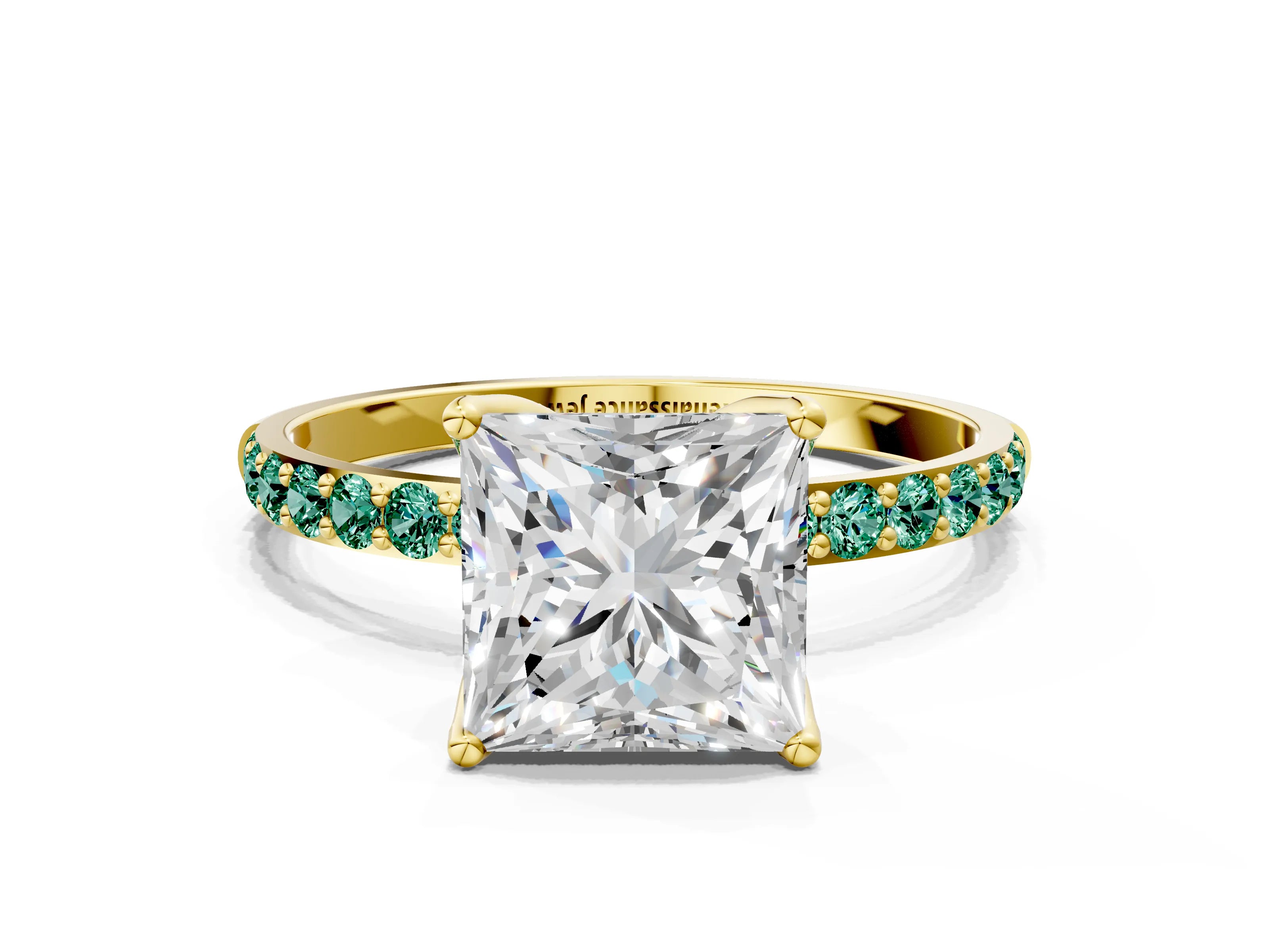 Yellow gold Princess Cut Diamond Solitaire Engagement Ring with Round with Green Sapphire side stone Pavé Band and Prong Setting