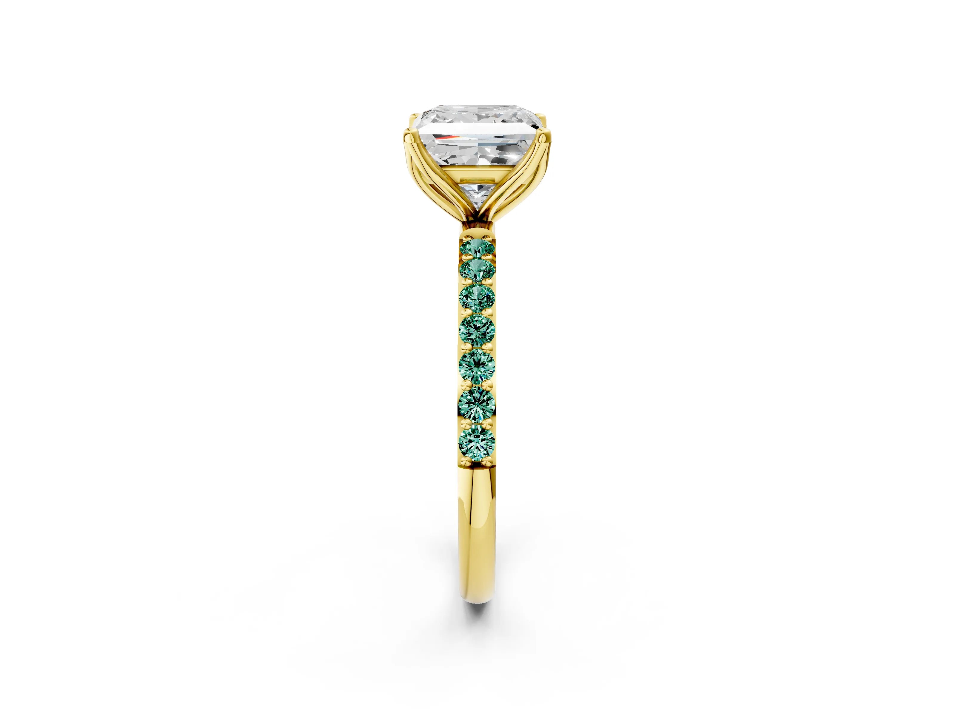 Yellow gold Princess Cut Diamond Solitaire Engagement Ring with Round with Green Sapphire side stone Pavé Band and Prong Setting_2