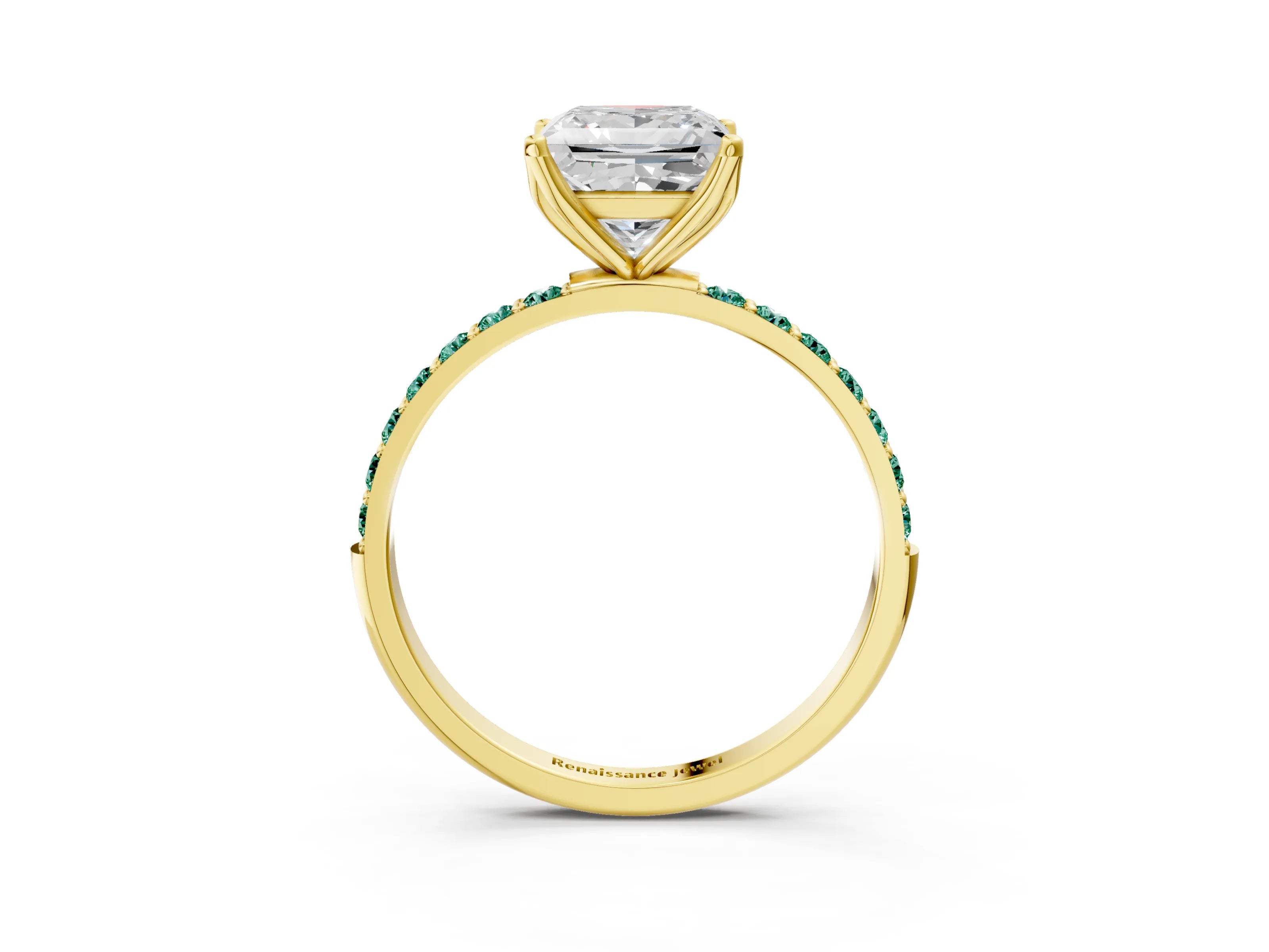 Yellow gold Princess Cut Diamond Solitaire Engagement Ring with Round with Green Sapphire side stone Pavé Band and Prong Setting_3