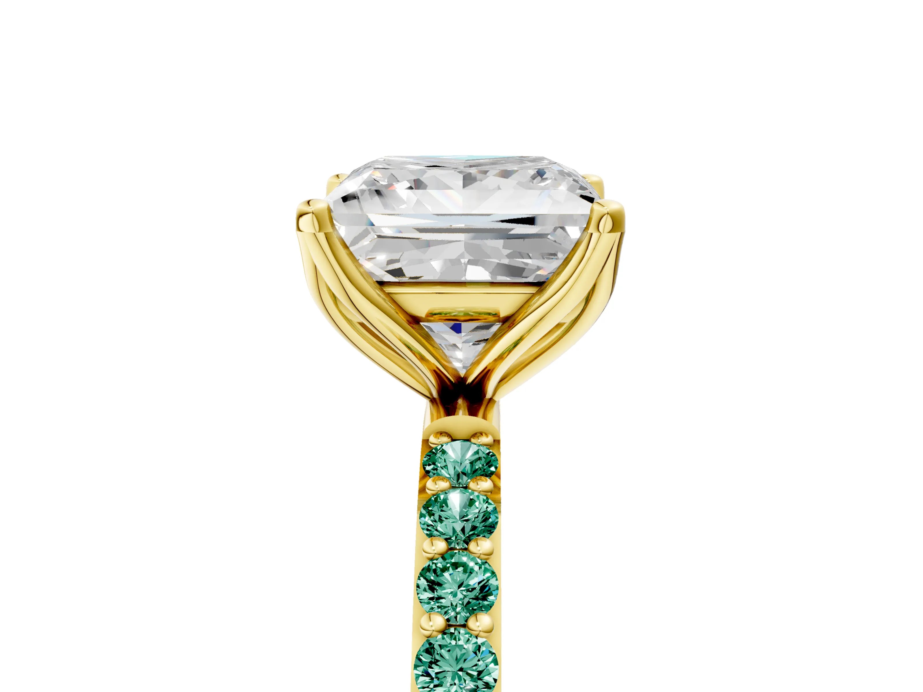 Yellow gold Princess Cut Diamond Solitaire Engagement Ring with Round with Green Sapphire side stone Pavé Band and Prong Setting_5