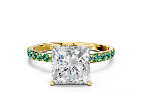 Yellow gold Princess Cut Diamond Solitaire Engagement Ring with Round with Green Sapphire side stone Pavé Band and Prong Setting