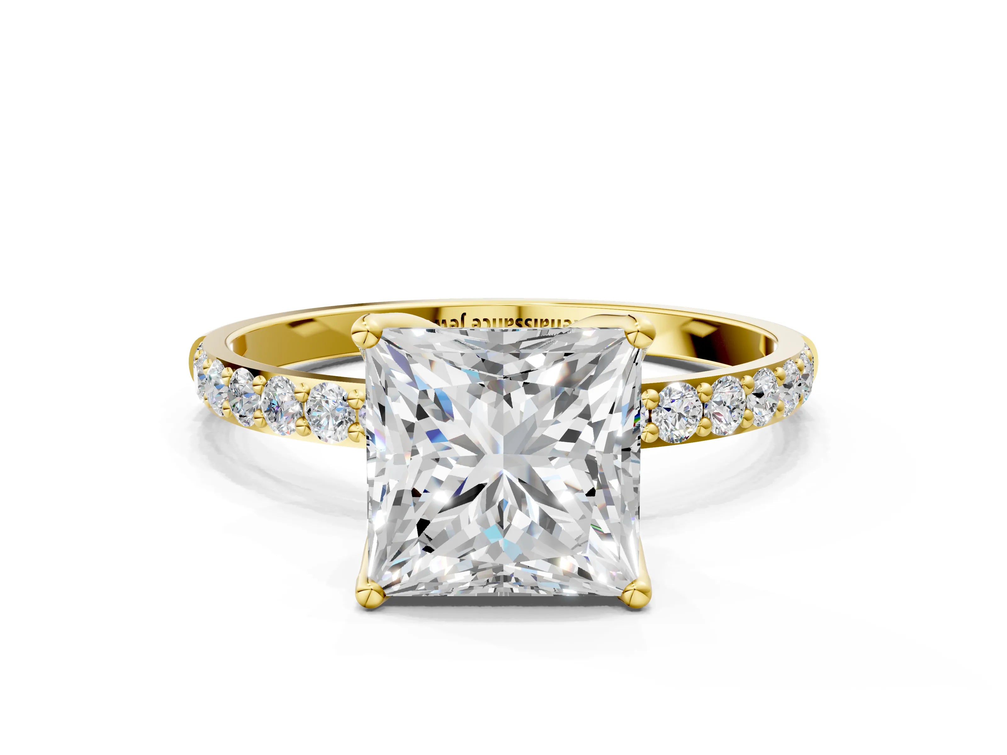 Yellow gold Princess Cut Diamond Solitaire Engagement Ring with Round with Moissanite side stone Pavé Band and Prong Setting