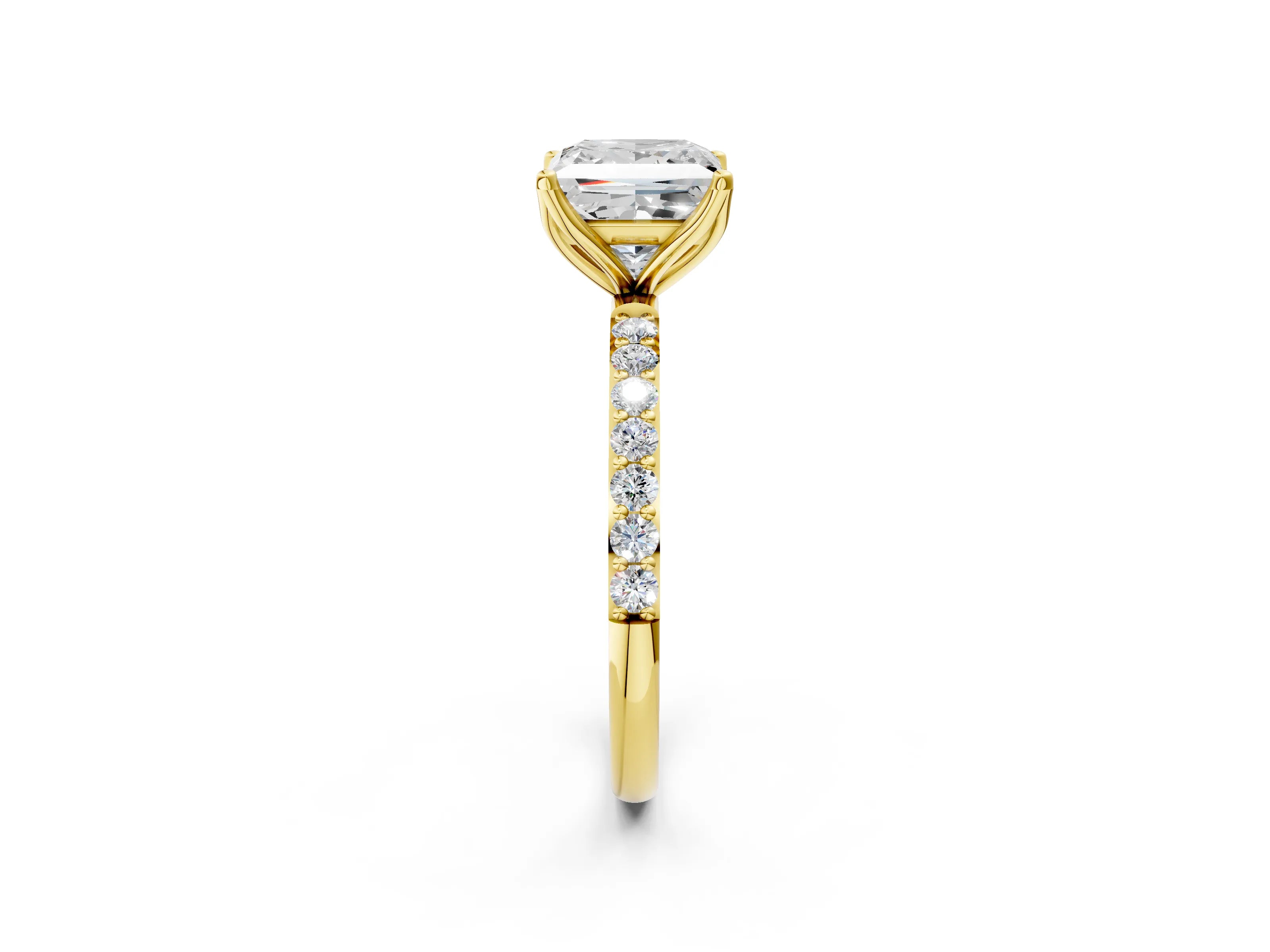Yellow gold Princess Cut Diamond Solitaire Engagement Ring with Round with Moissanite side stone Pavé Band and Prong Setting_2