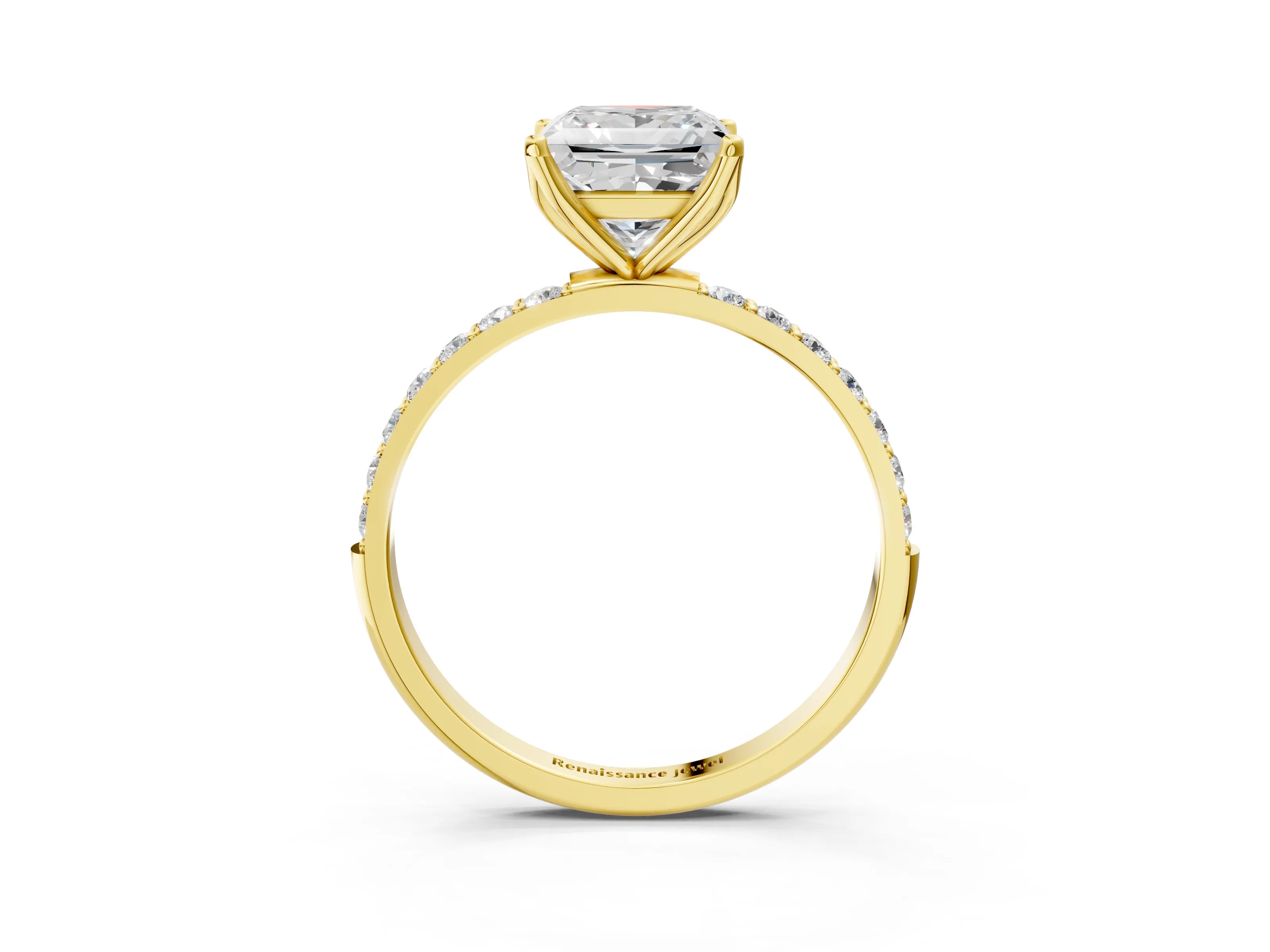 Yellow gold Princess Cut Diamond Solitaire Engagement Ring with Round with Moissanite side stone Pavé Band and Prong Setting_3