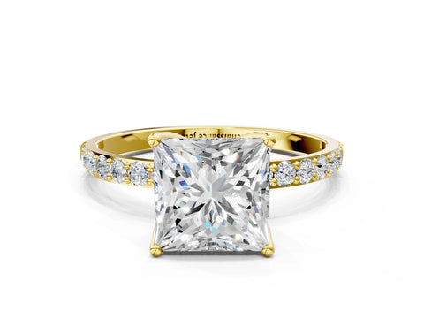 Yellow gold Princess Cut Diamond Solitaire Engagement Ring with Round with Moissanite side stone Pavé Band and Prong Setting