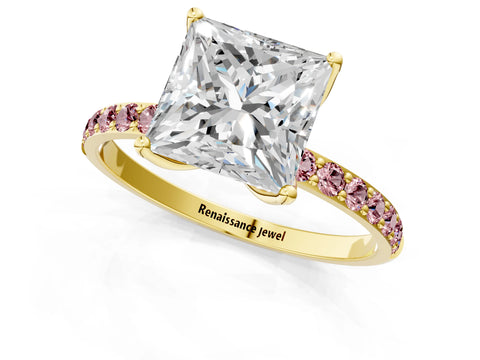 Yellow gold Princess Cut Diamond Solitaire Engagement Ring with Round with Morganite side stone Pavé Band and Prong Setting_1
