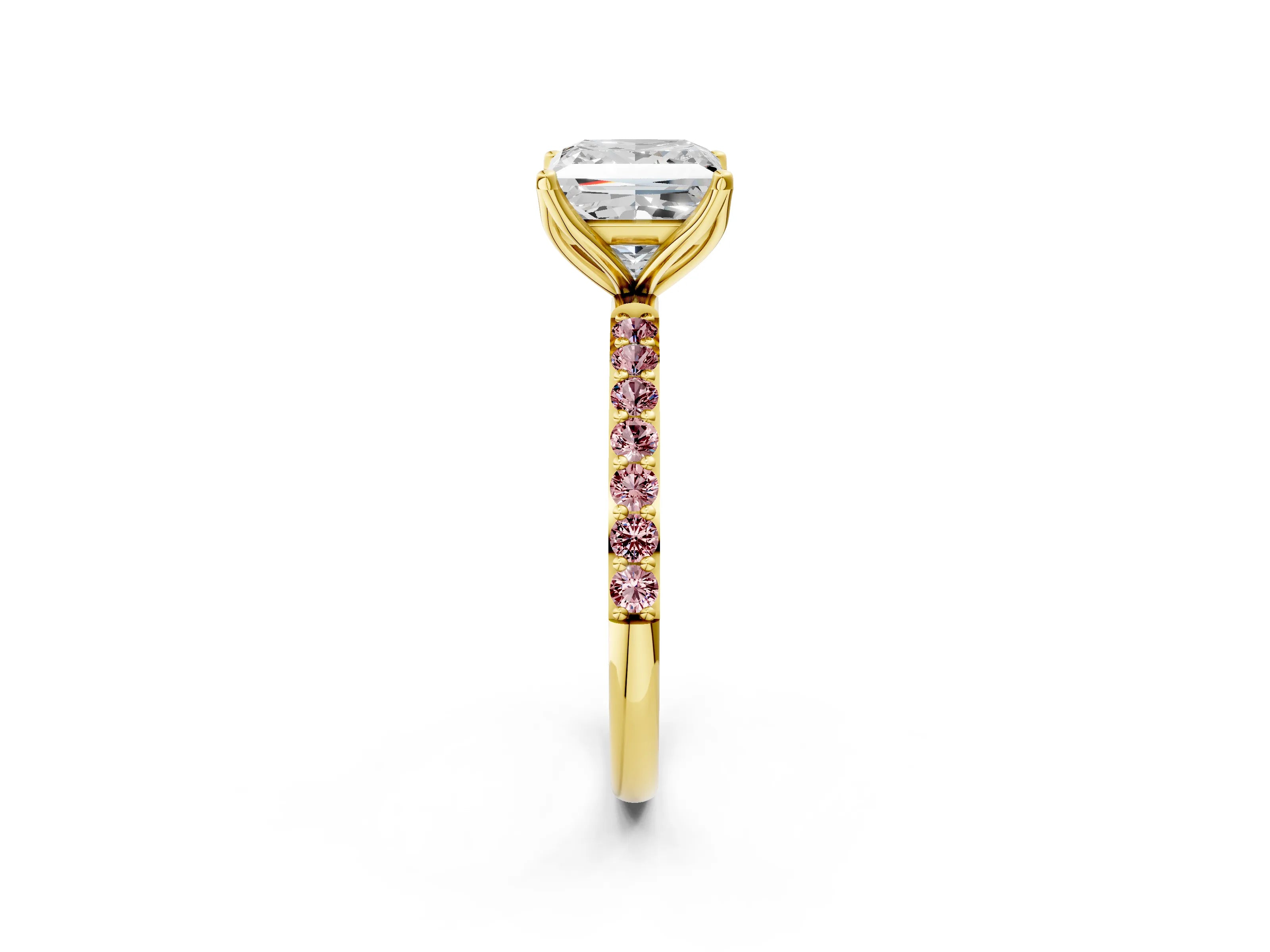 Yellow gold Princess Cut Diamond Solitaire Engagement Ring with Round with Morganite side stone Pavé Band and Prong Setting_2