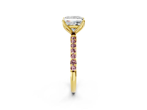 Yellow gold Princess Cut Diamond Solitaire Engagement Ring with Round with Morganite side stone Pavé Band and Prong Setting_2