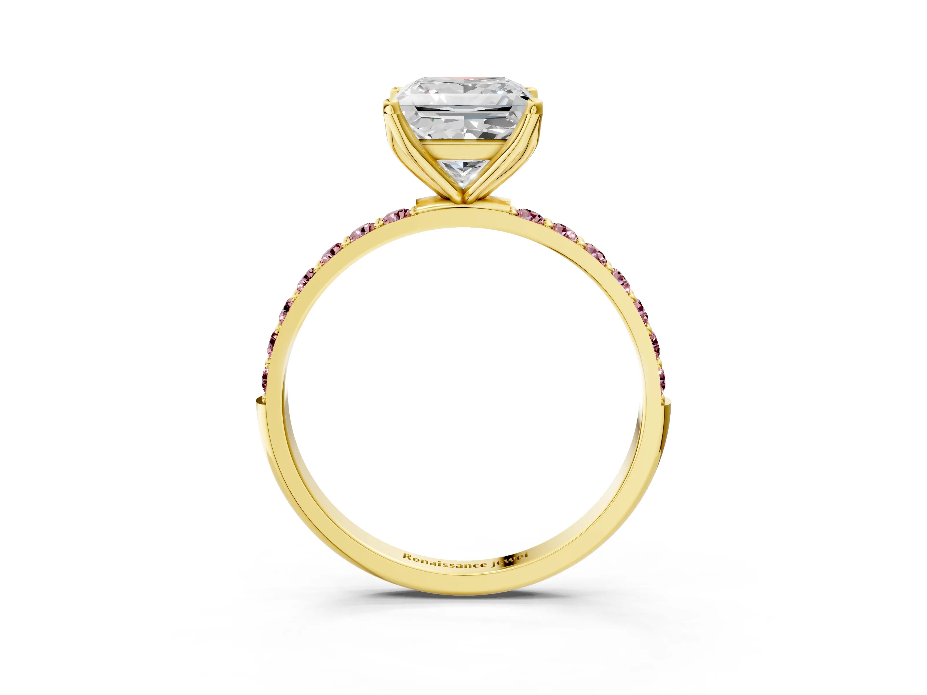 Yellow gold Princess Cut Diamond Solitaire Engagement Ring with Round with Morganite side stone Pavé Band and Prong Setting_3