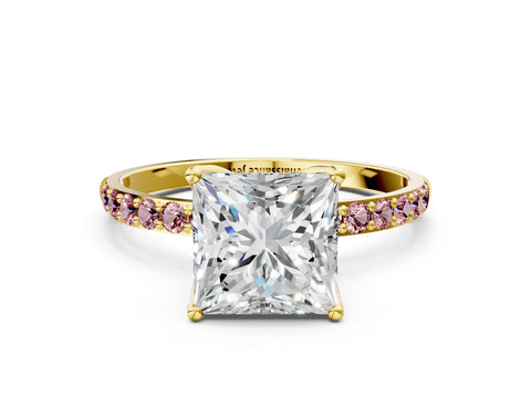 Yellow gold Princess Cut Diamond Solitaire Engagement Ring with Round with Morganite side stone Pavé Band and Prong Setting