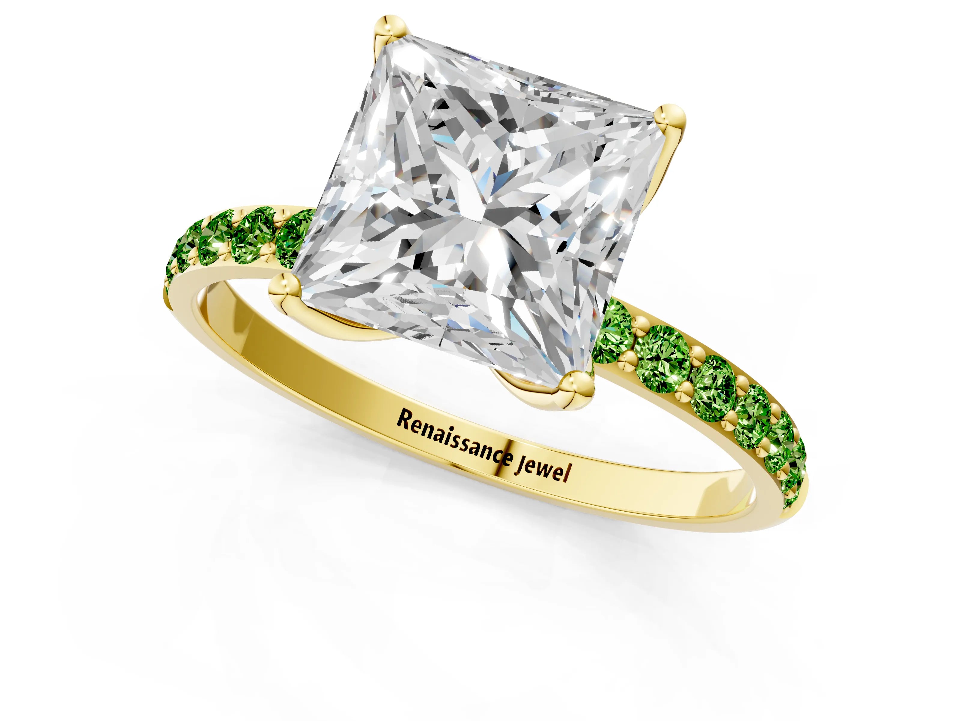 Yellow gold Princess Cut Diamond Solitaire Engagement Ring with Round with Peridot side stone Pavé Band and Prong Setting_1