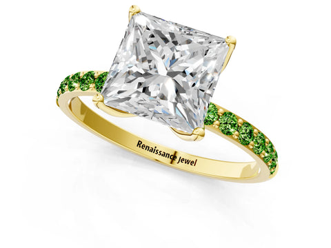 Yellow gold Princess Cut Diamond Solitaire Engagement Ring with Round with Peridot side stone Pavé Band and Prong Setting_1